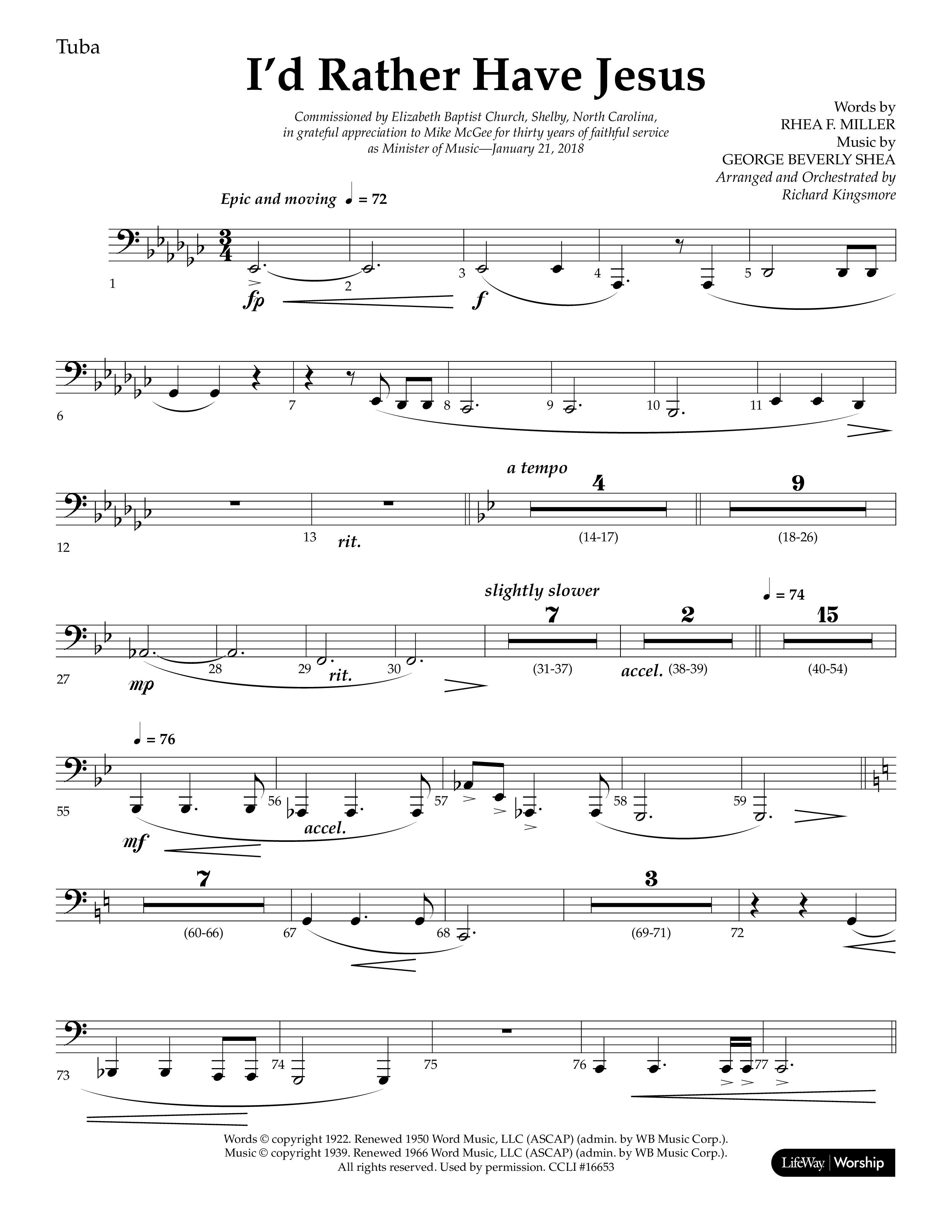 I'd Rather Have Jesus (Choral Anthem SATB) Tuba (Lifeway Choral / Arr. Richard Kingsmore)
