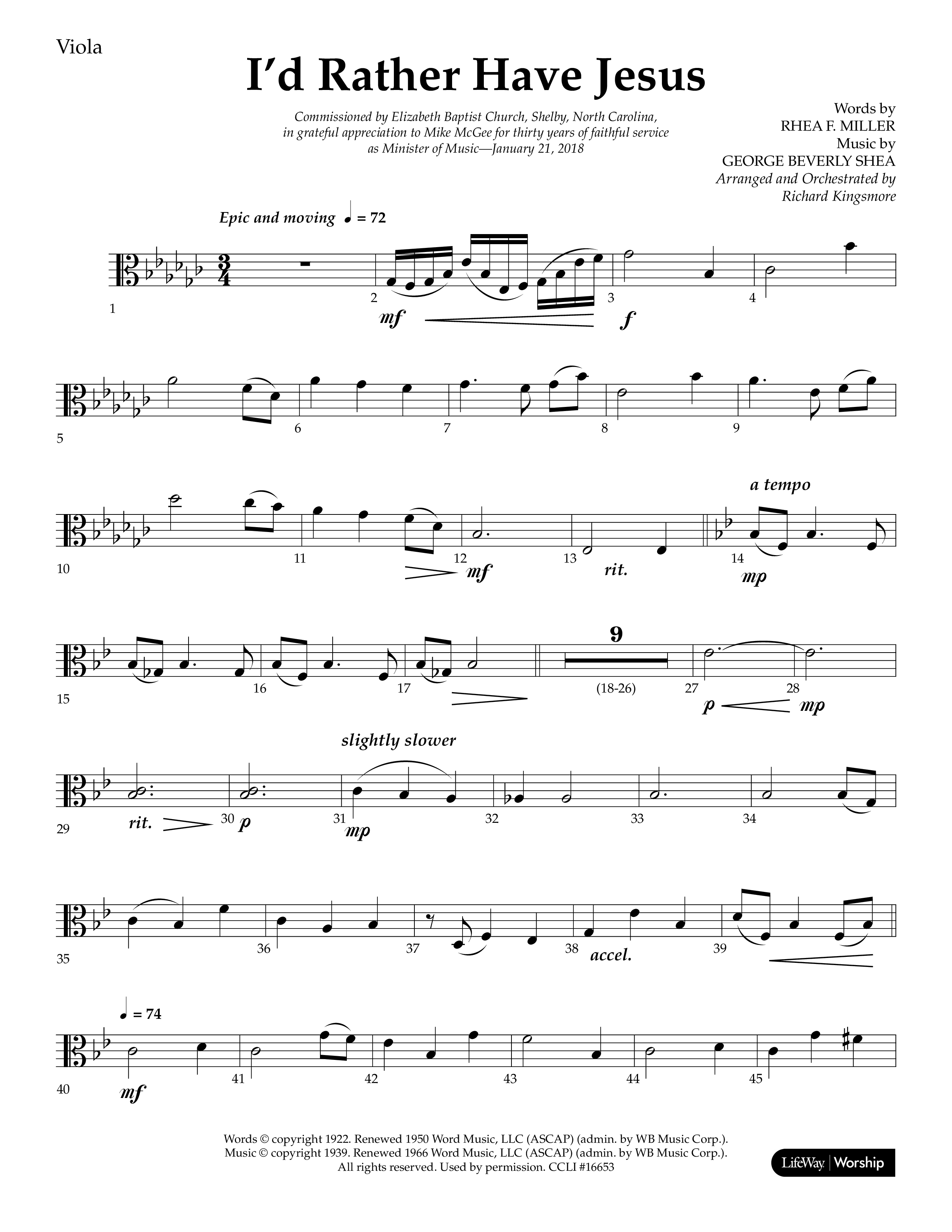 I'd Rather Have Jesus (Choral Anthem SATB) Viola (Lifeway Choral / Arr. Richard Kingsmore)