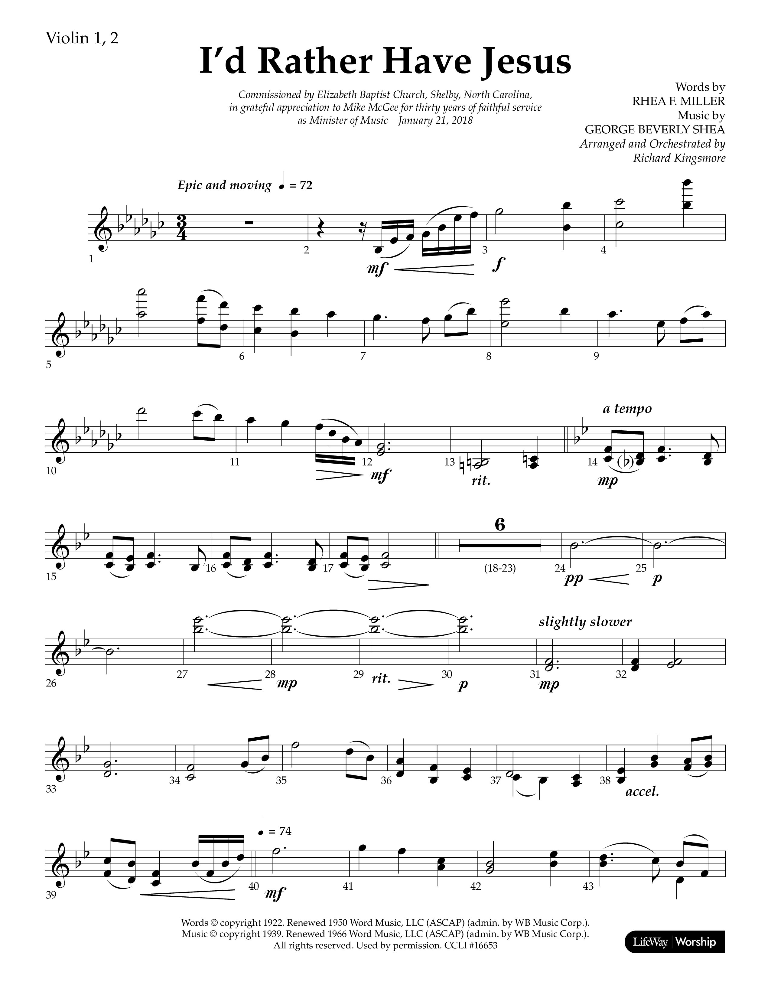 I'd Rather Have Jesus (Choral Anthem SATB) Violin 1/2 (Lifeway Choral / Arr. Richard Kingsmore)