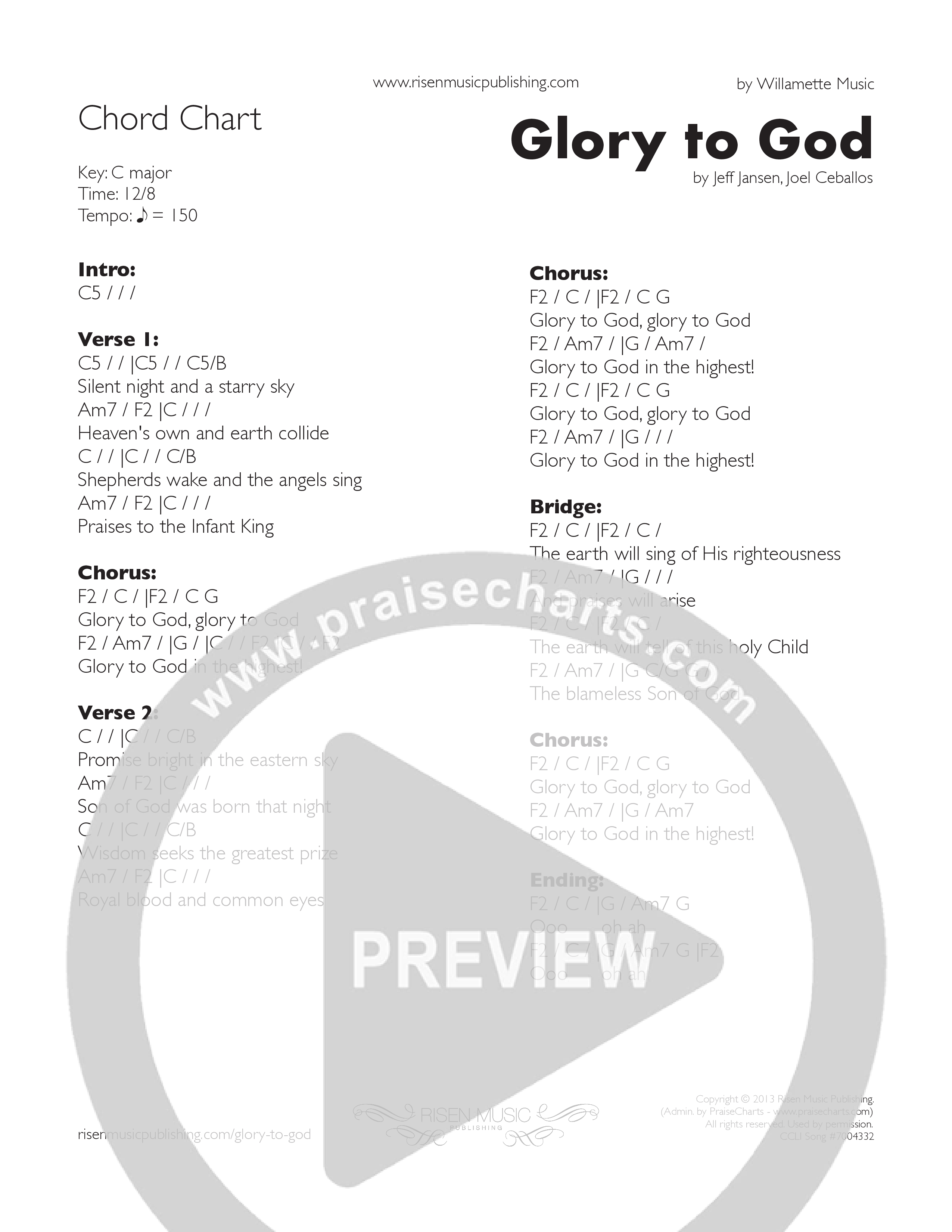 Glory To God Chord Chart (Willamette Music)