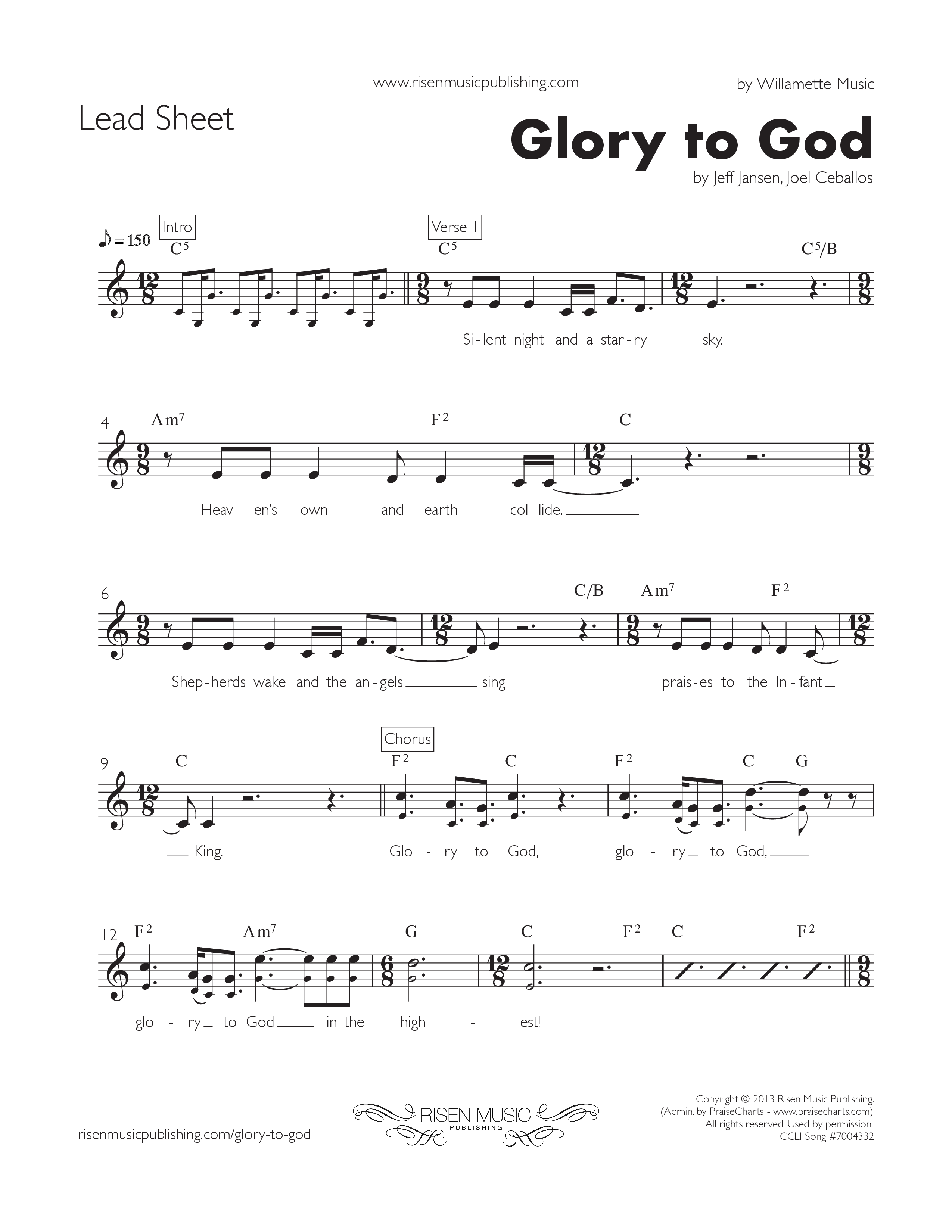 Glory To God Lead Sheet (Willamette Music)