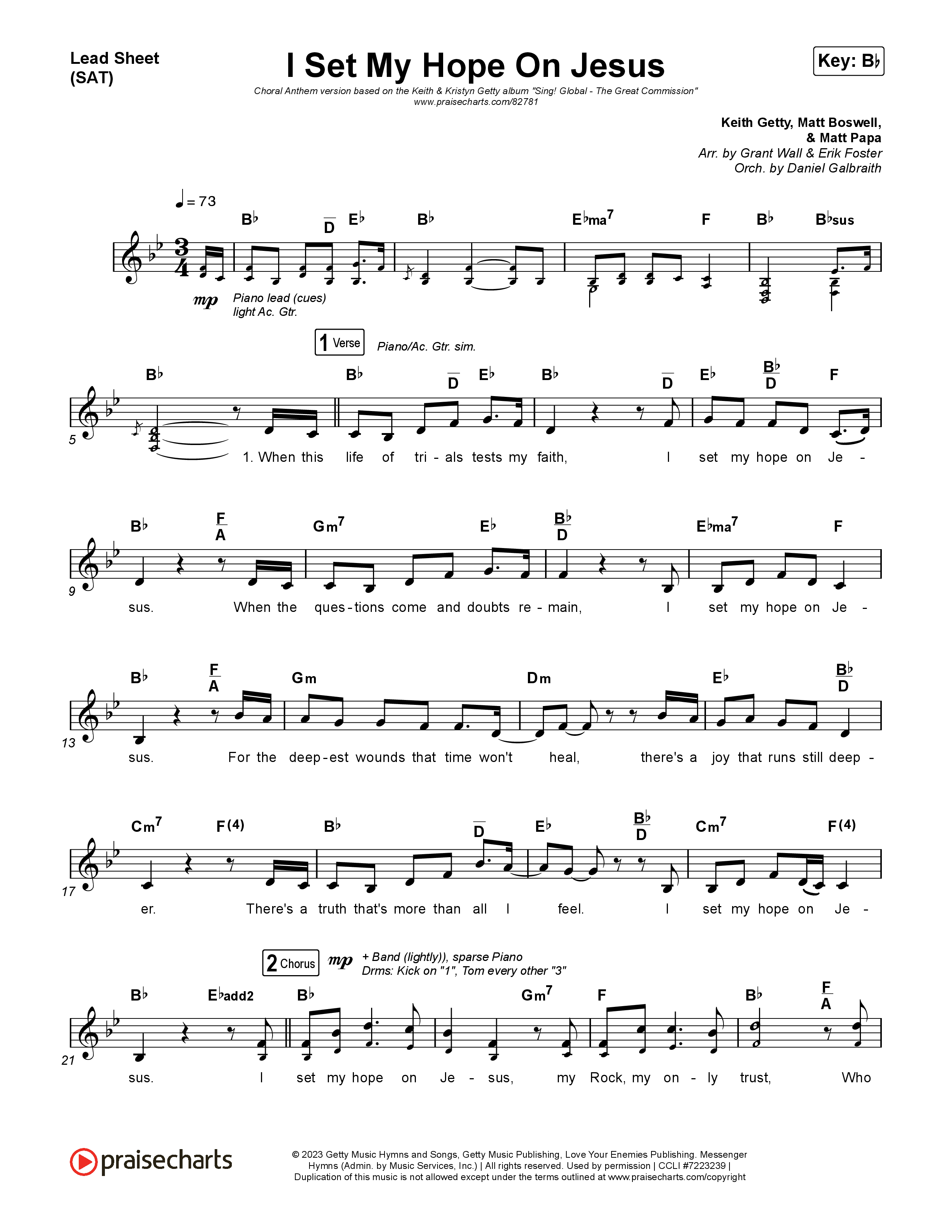 I Set My Hope (Hymn For A Deconstructing Friend) (Choral Anthem SATB) Lead Sheet (SAT) (Keith & Kristyn Getty / Arr. Erik Foster)