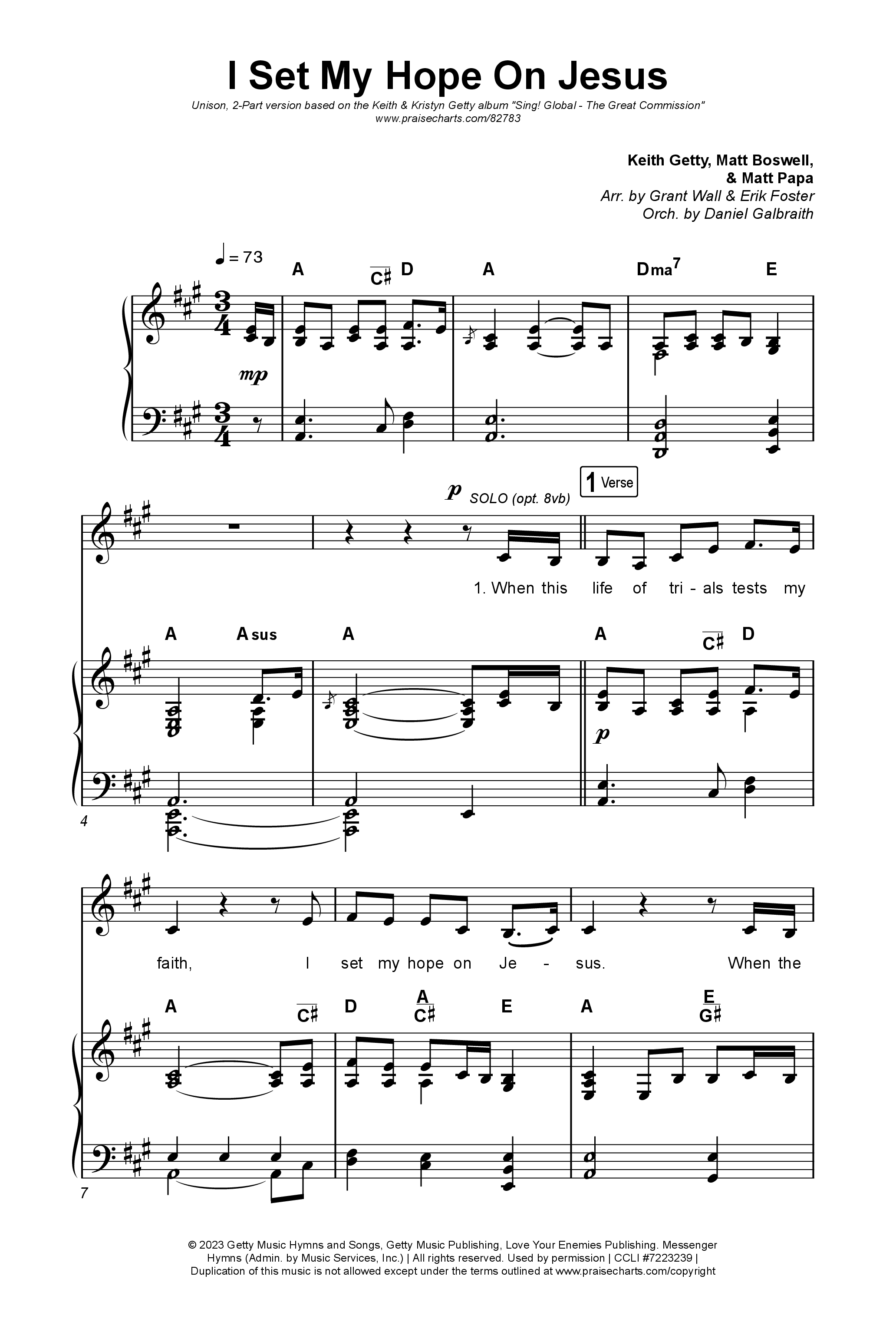 I Set My Hope (Hymn For A Deconstructing Friend) (Unison/2-Part) Octavo (Uni/2-Part & Pno) (Keith & Kristyn Getty / Arr. Erik Foster)