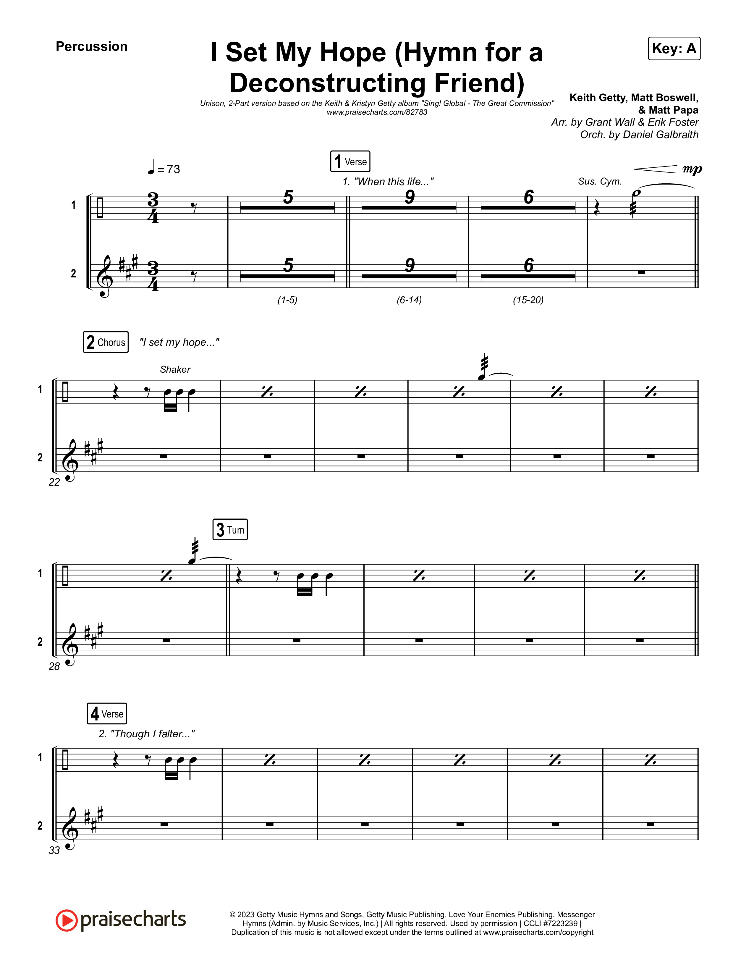 I Set My Hope (Hymn for a Deconstructing Friend) (Unison/2-Part) Percussion (Keith & Kristyn Getty / Arr. Erik Foster)
