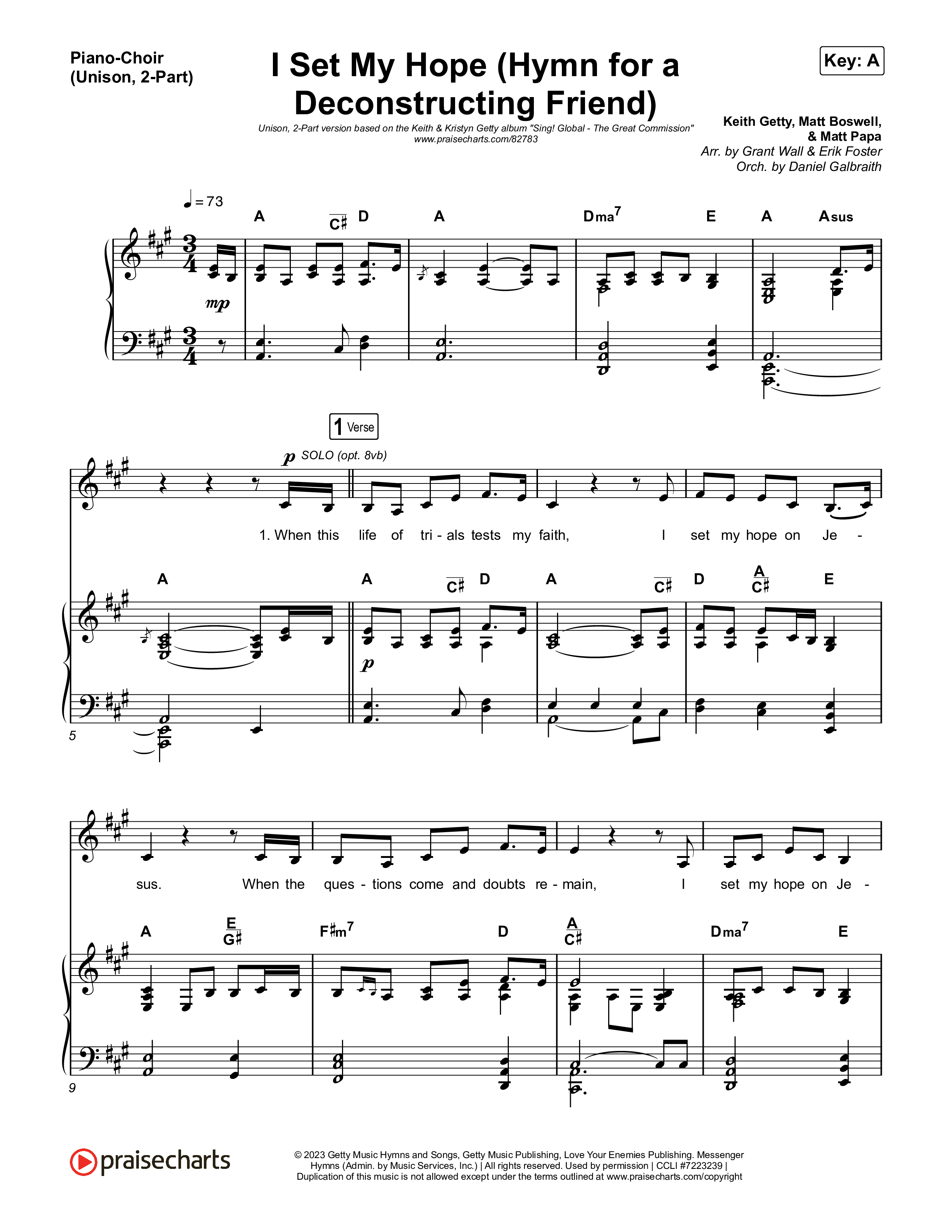 I Set My Hope (Hymn for a Deconstructing Friend) (Unison/2-Part) Piano/Choir  (Uni/2-Part) (Keith & Kristyn Getty / Arr. Erik Foster)