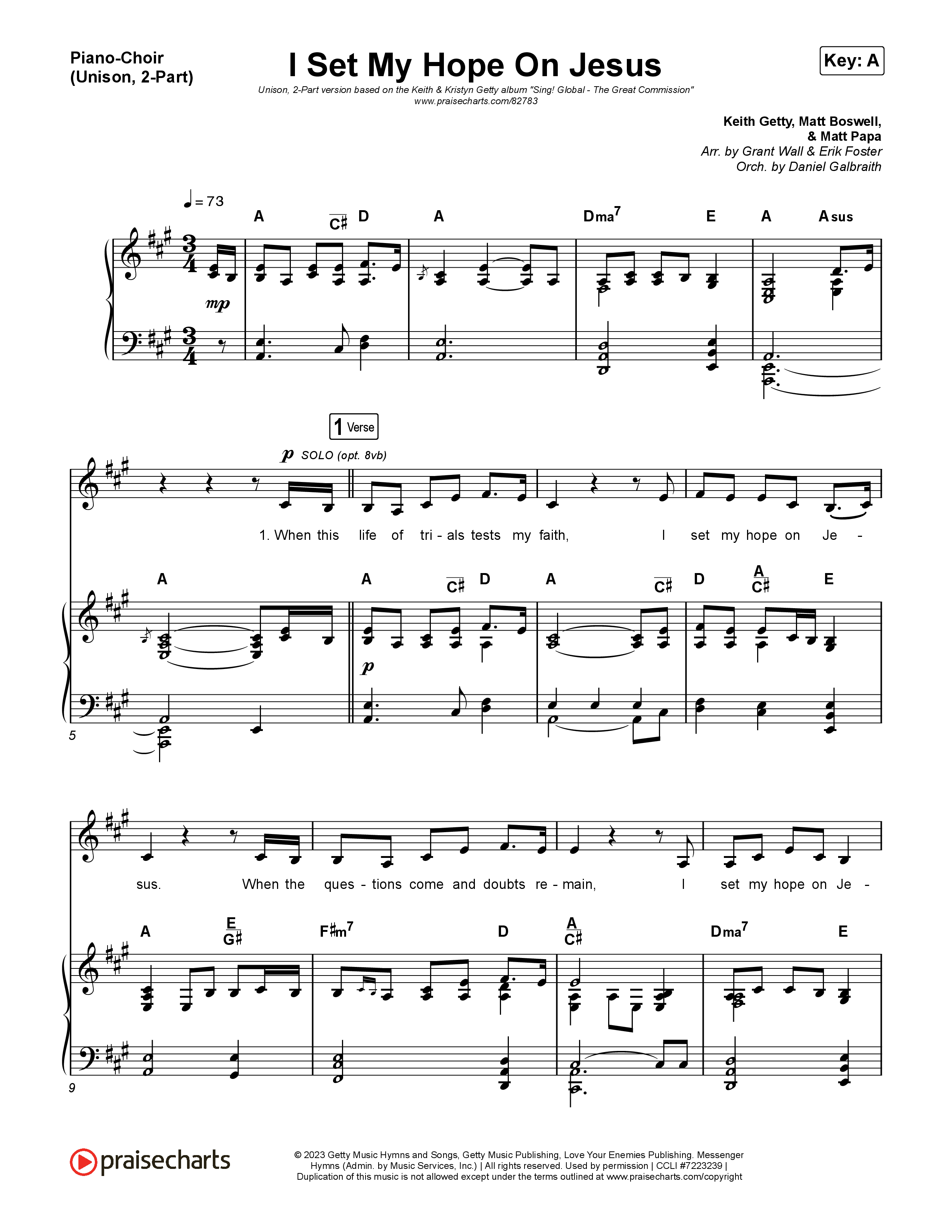 I Set My Hope (Hymn For A Deconstructing Friend) (Unison/2-Part) Piano/Choir  (Uni/2-Part) (Keith & Kristyn Getty / Arr. Erik Foster)