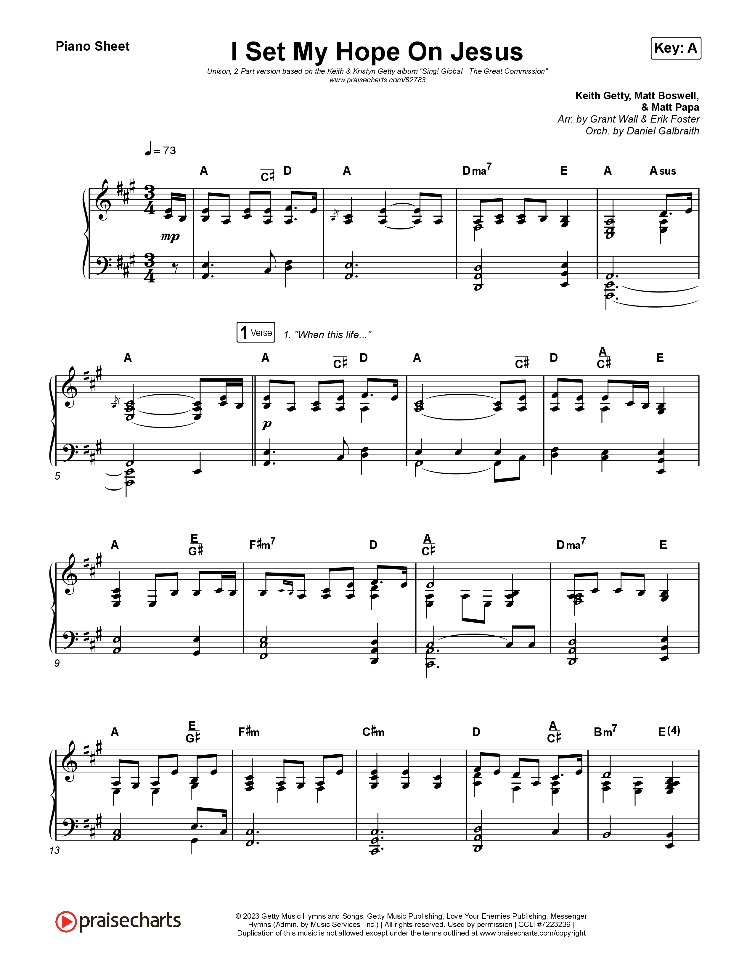I Set My Hope (Hymn For A Deconstructing Friend) (Unison/2-Part) Piano Sheet (Keith & Kristyn Getty / Arr. Erik Foster)