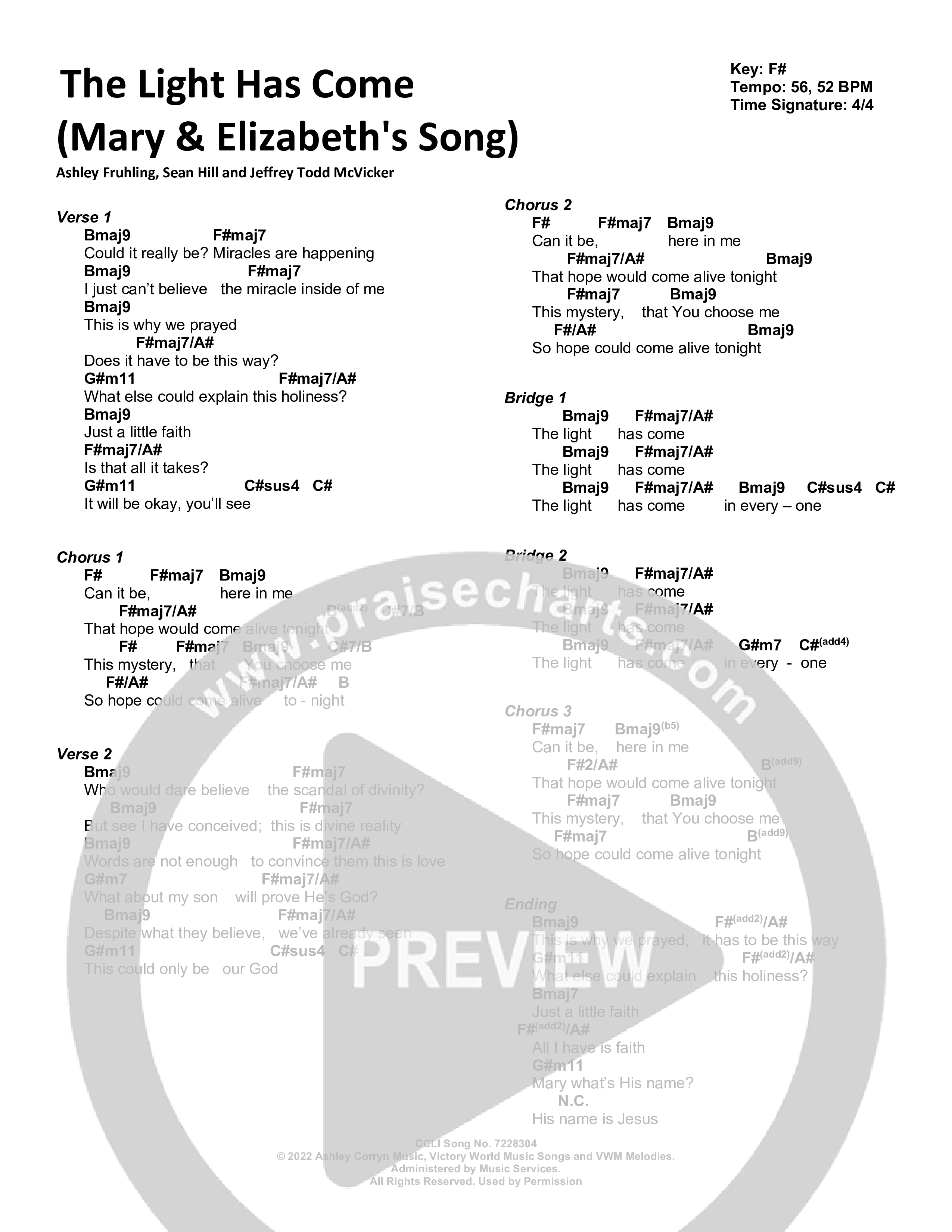 The Light Has Come (Mary & Elizabeth's Song) Chord Chart (Victory House Worship)