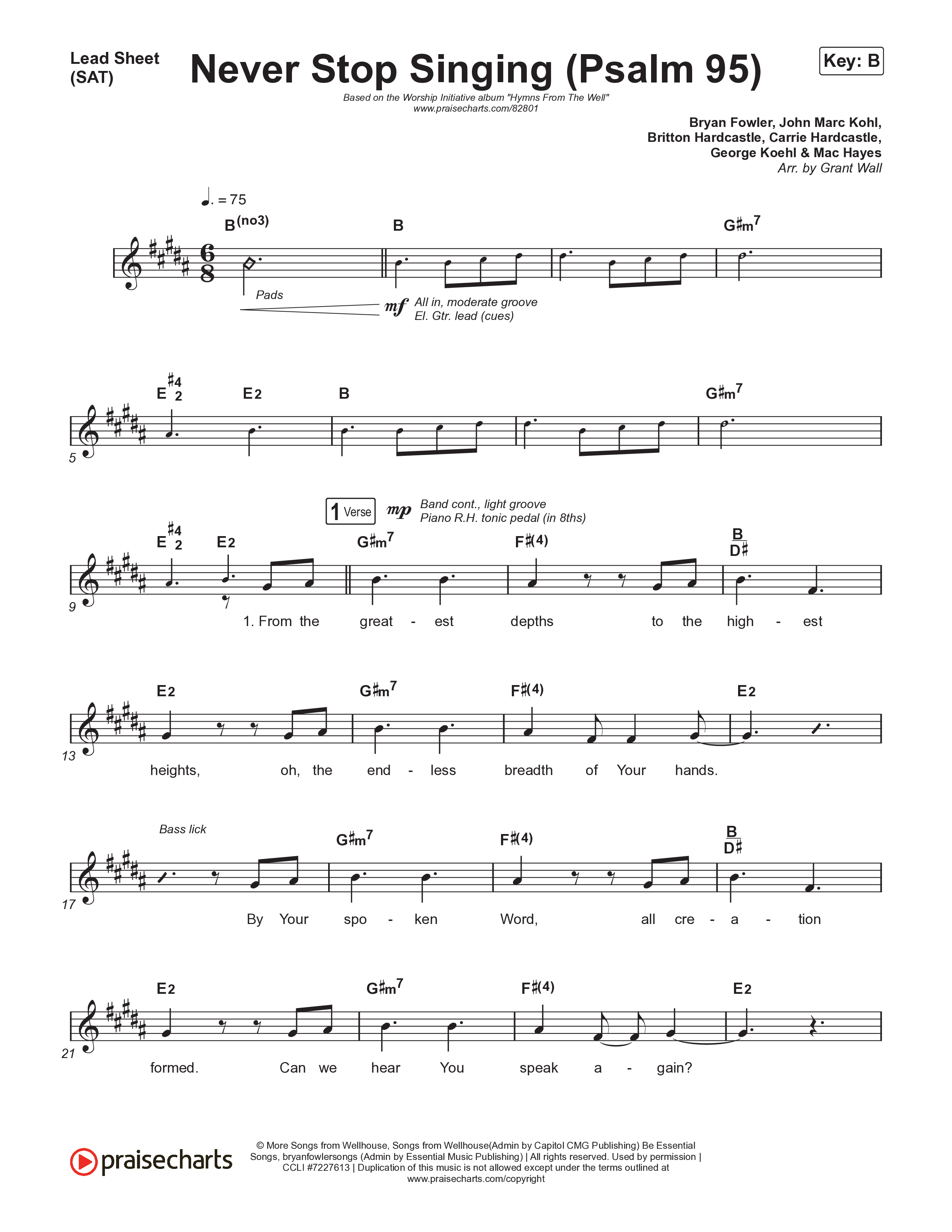Never Stop Singing (Psalm 95) Lead Sheet (SAT) (The Worship Initiative / Writers Well)