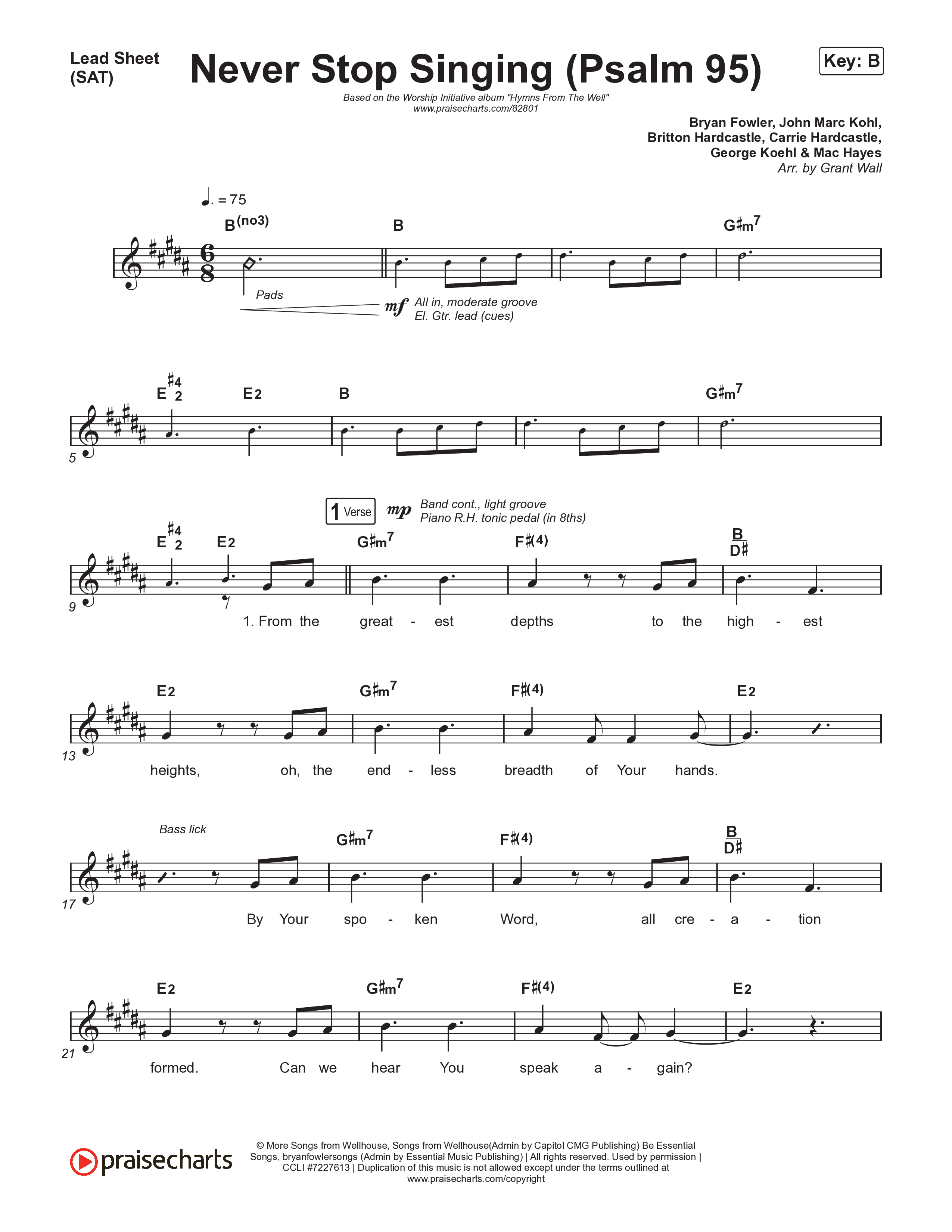Never Stop Singing (Psalm 95) Lead Sheet (SAT) (The Worship Initiative / Writers Well)