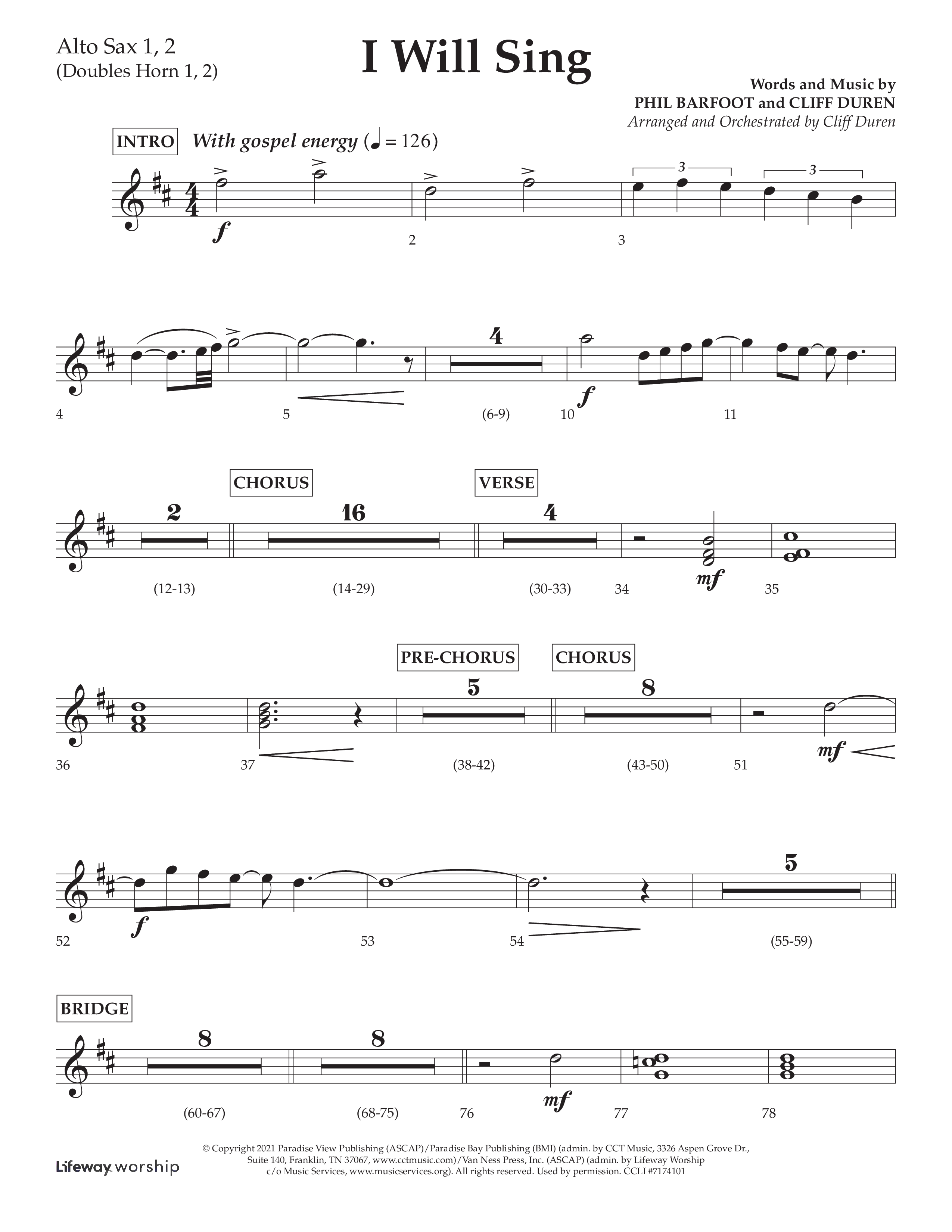 I Will Sing (Choral Anthem SATB) Alto Sax 1/2 (Arr. Cliff Duren / Lifeway Choral)