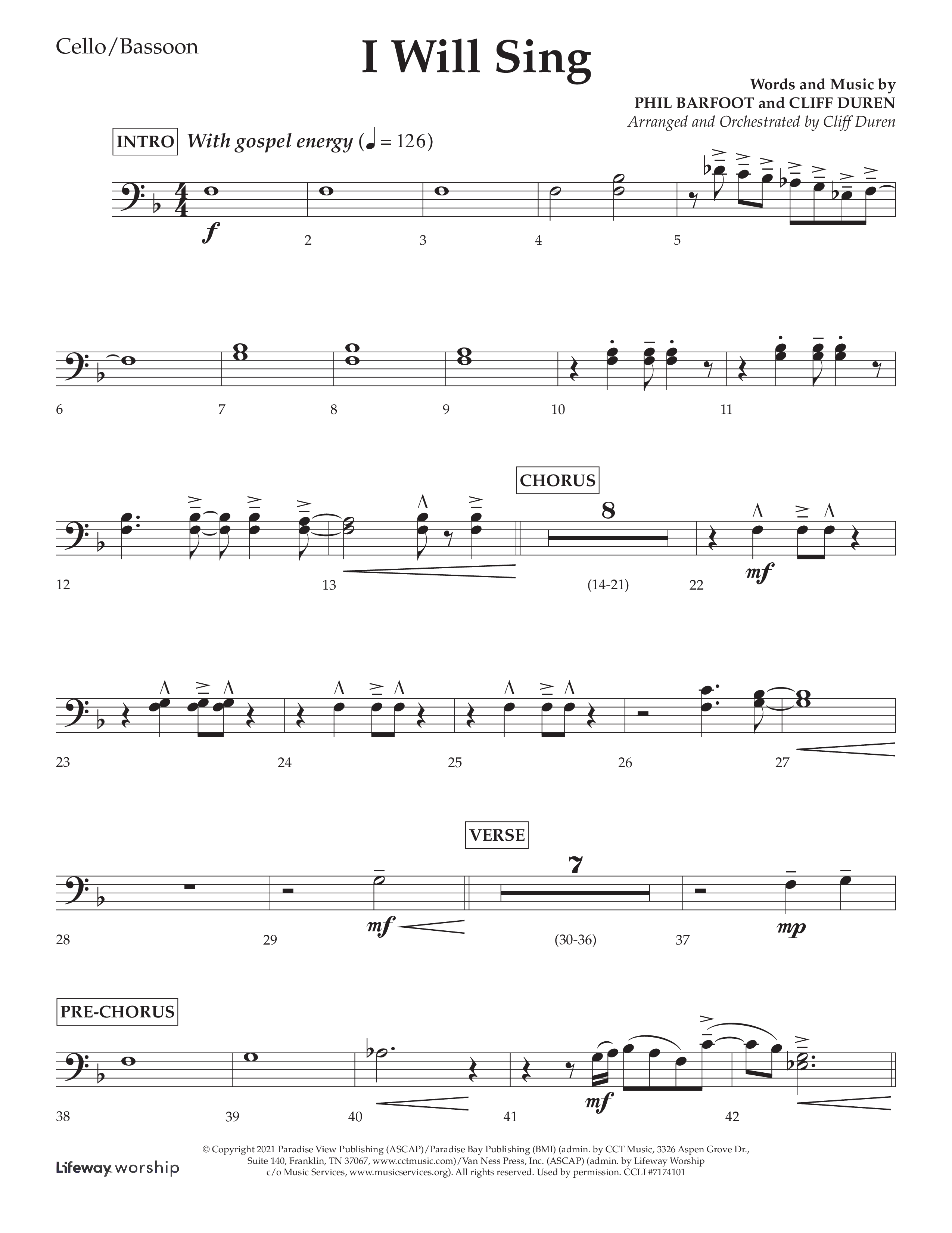 I Will Sing (Choral Anthem SATB) Cello (Arr. Cliff Duren / Lifeway Choral)