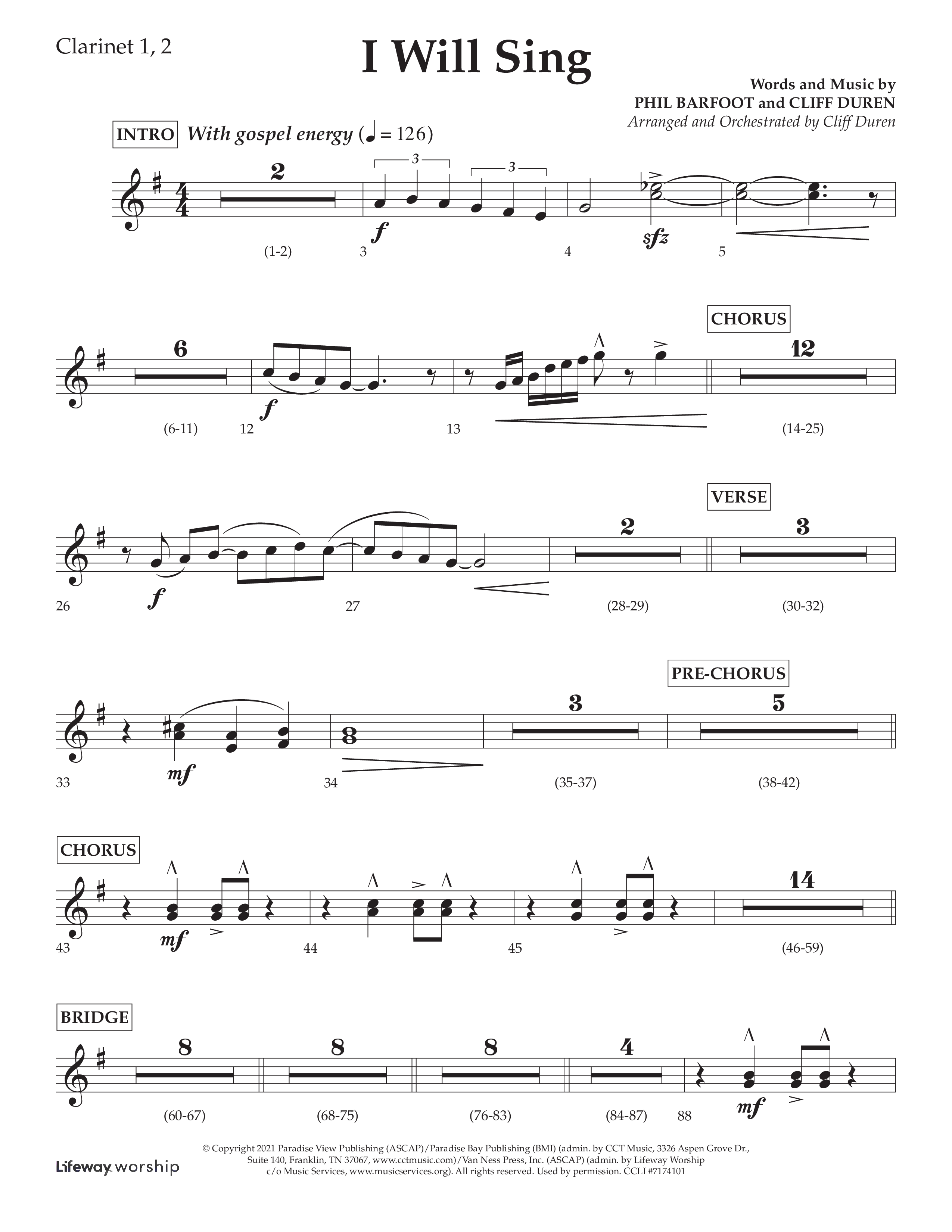 I Will Sing (Choral Anthem SATB) Clarinet 1/2 (Arr. Cliff Duren / Lifeway Choral)