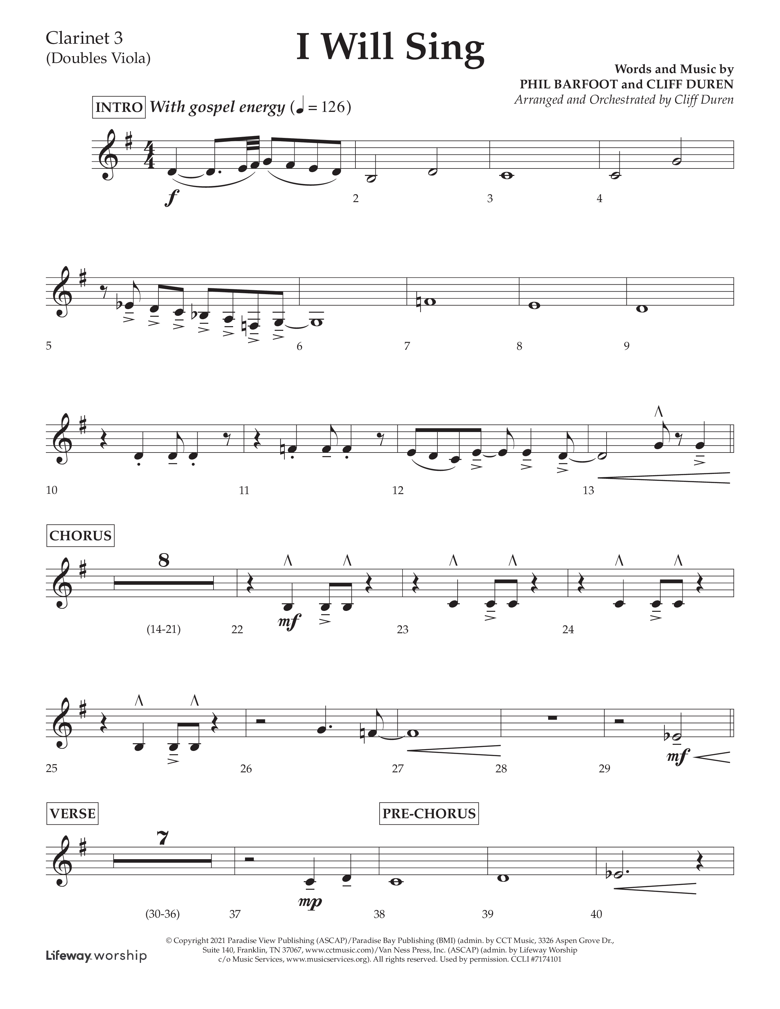 I Will Sing (Choral Anthem SATB) Clarinet 3 (Arr. Cliff Duren / Lifeway Choral)