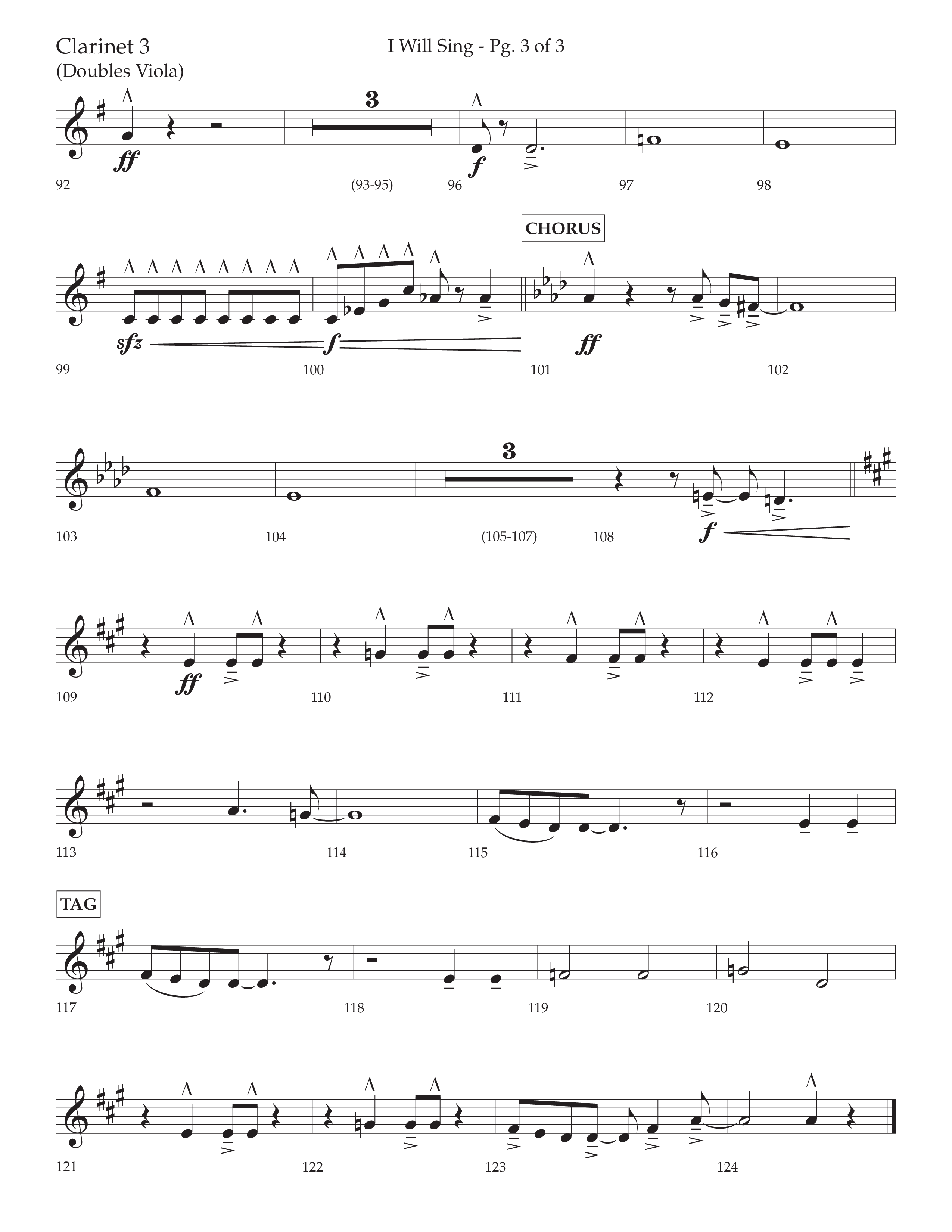 I Will Sing (Choral Anthem SATB) Clarinet 3 (Arr. Cliff Duren / Lifeway Choral)