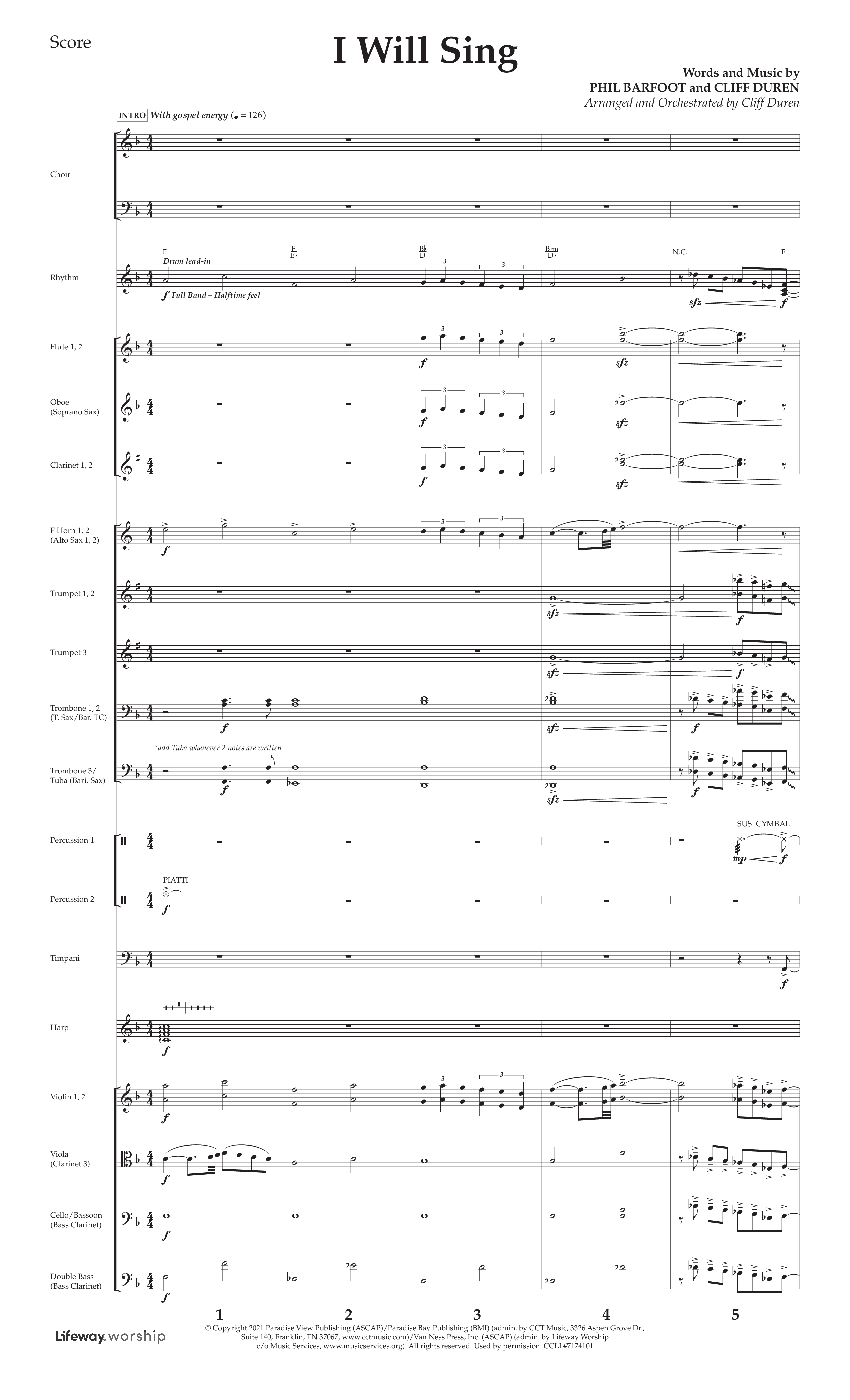 I Will Sing (Choral Anthem SATB) Conductor's Score (Arr. Cliff Duren / Lifeway Choral)