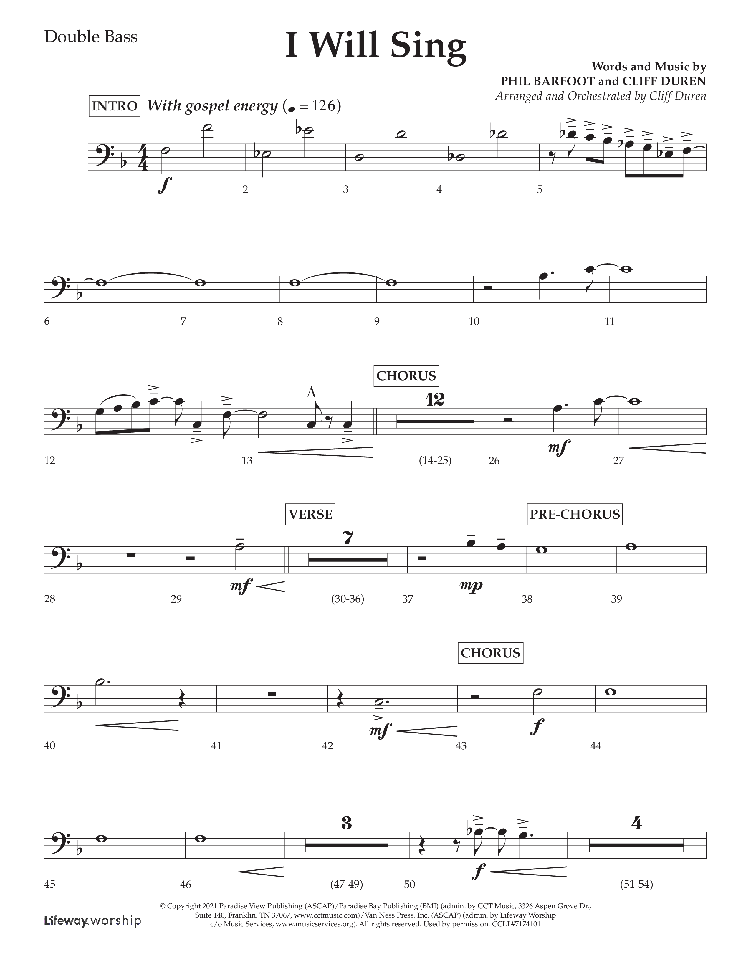I Will Sing (Choral Anthem SATB) Double Bass (Arr. Cliff Duren / Lifeway Choral)