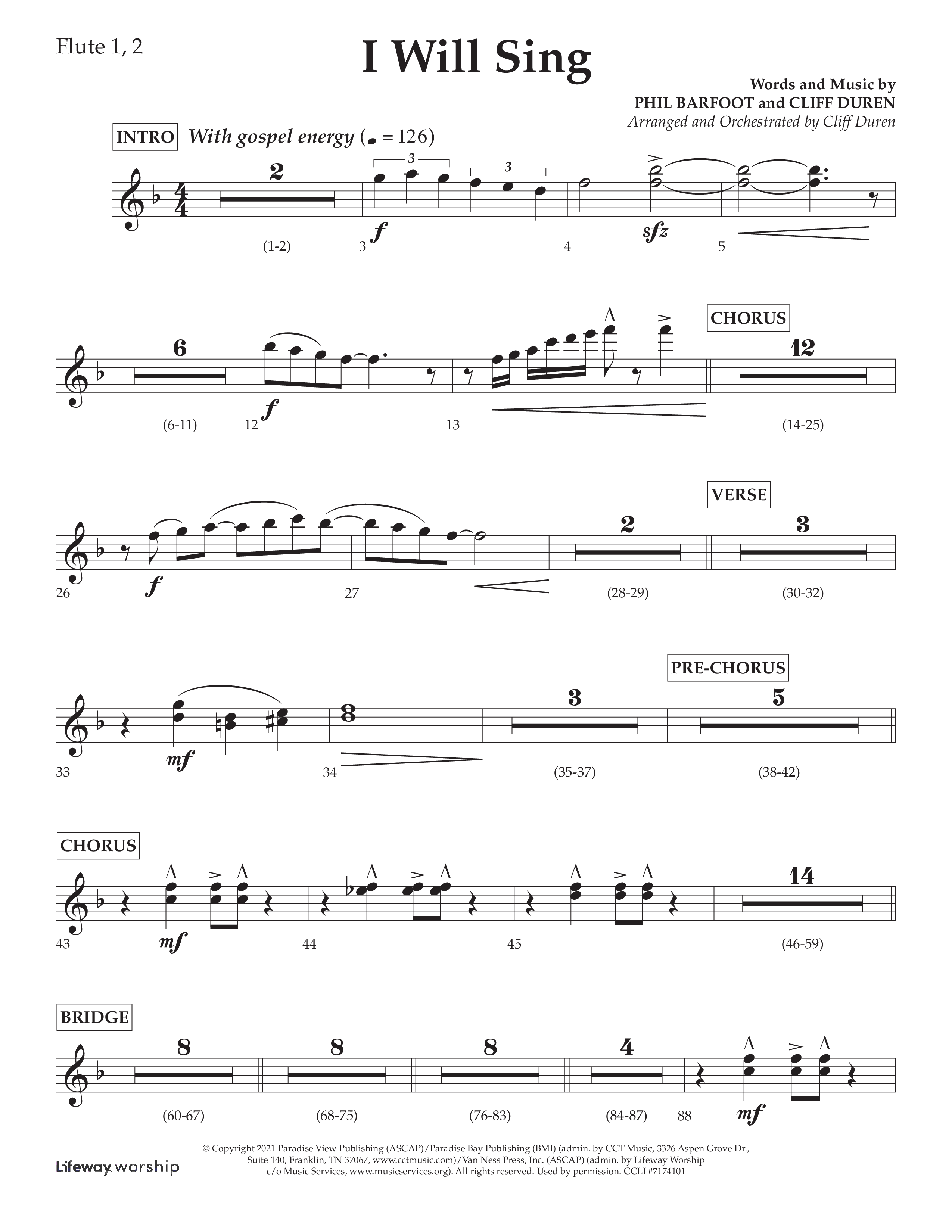 I Will Sing (Choral Anthem SATB) Flute 1/2 (Arr. Cliff Duren / Lifeway Choral)