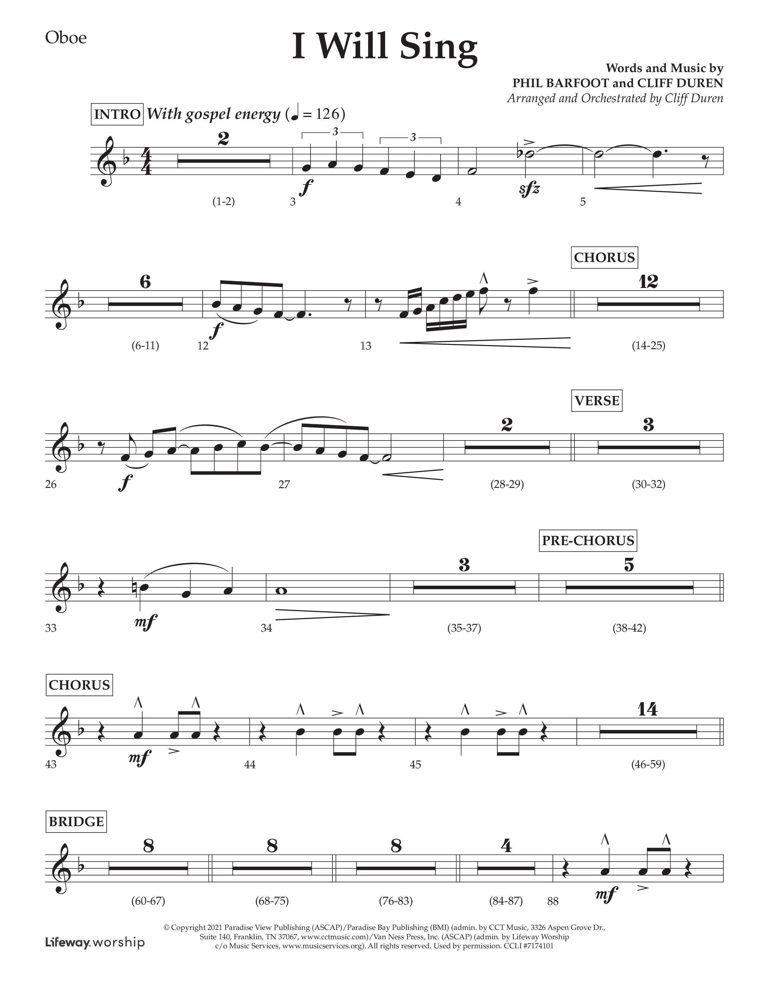 I Will Sing (Choral Anthem SATB) Oboe (Arr. Cliff Duren / Lifeway Choral)