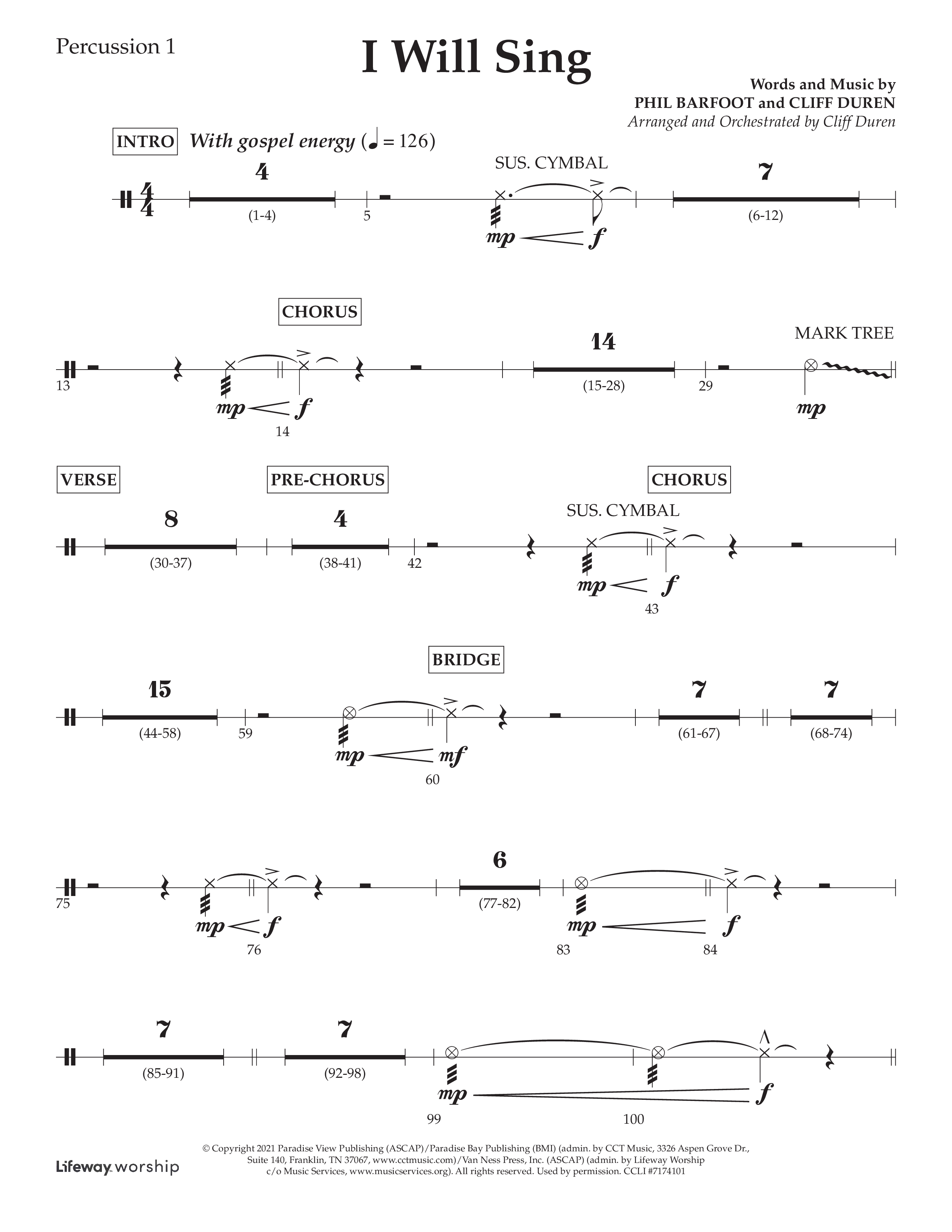 I Will Sing (Choral Anthem SATB) Percussion 1/2 (Arr. Cliff Duren / Lifeway Choral)