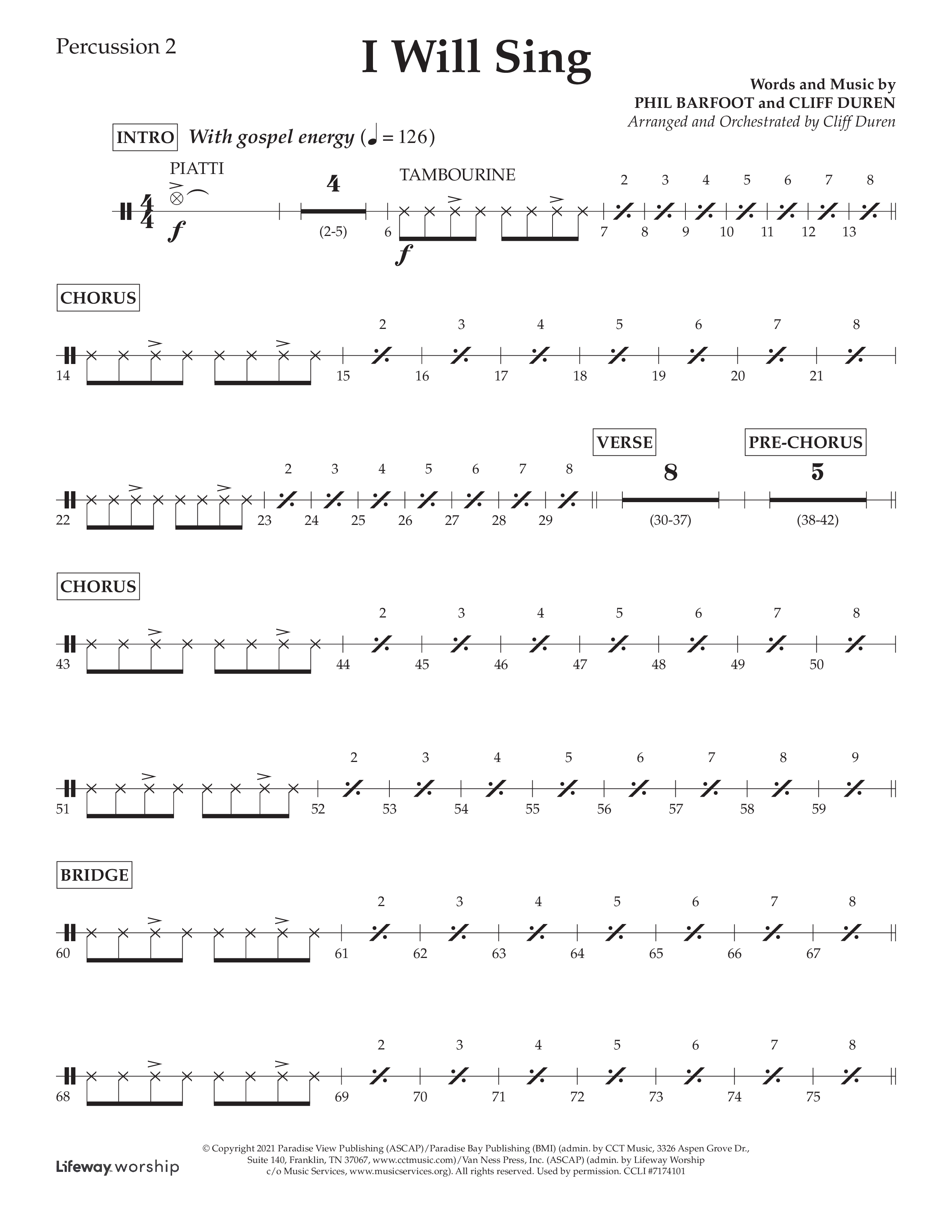 I Will Sing (Choral Anthem SATB) Percussion 1/2 (Arr. Cliff Duren / Lifeway Choral)