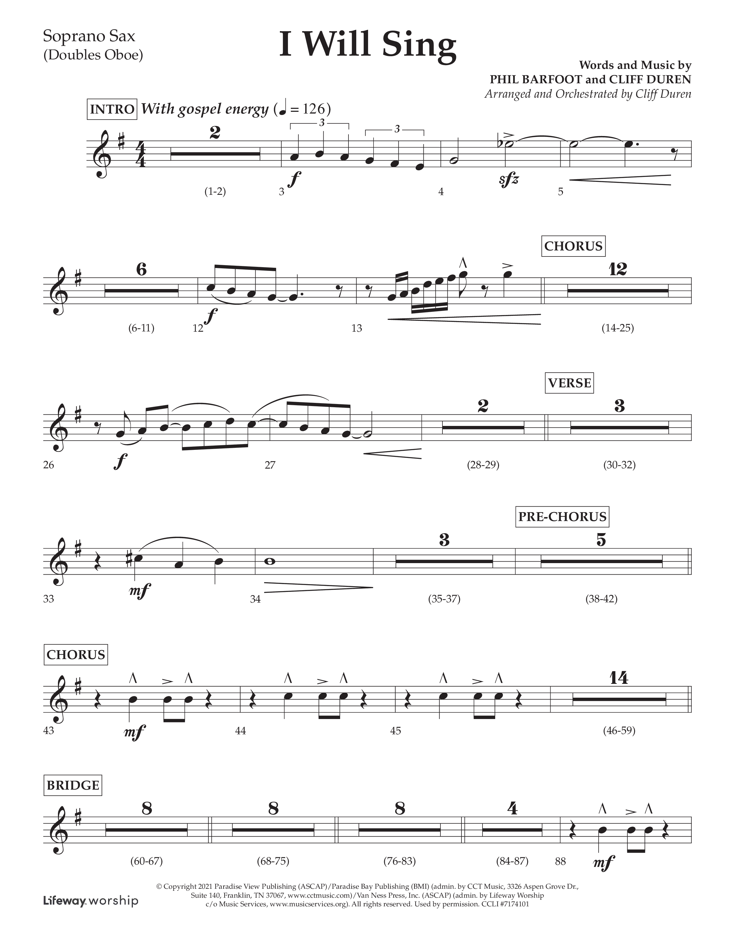 I Will Sing (Choral Anthem SATB) Soprano Sax (Arr. Cliff Duren / Lifeway Choral)