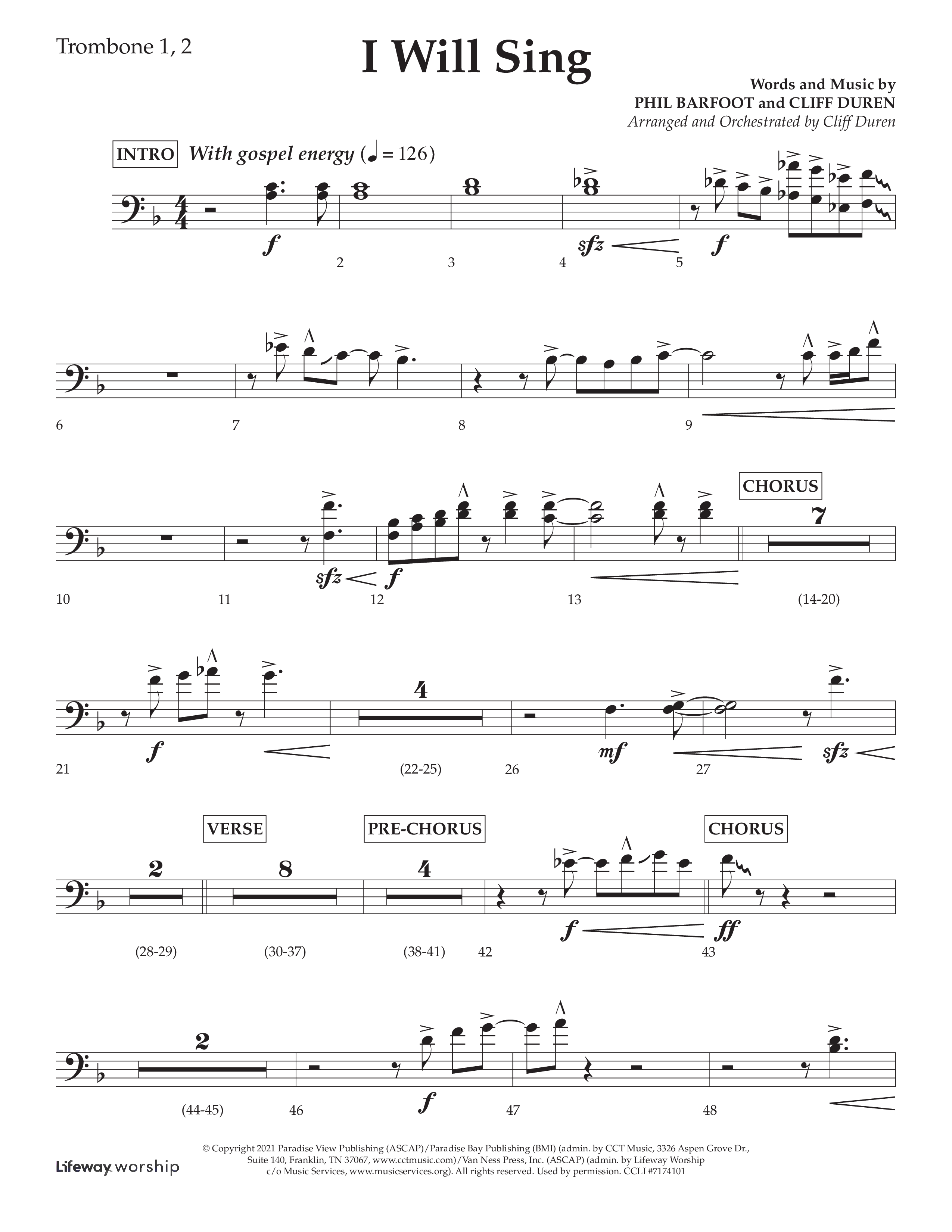 I Will Sing (Choral Anthem SATB) Trombone 1/2 (Arr. Cliff Duren / Lifeway Choral)