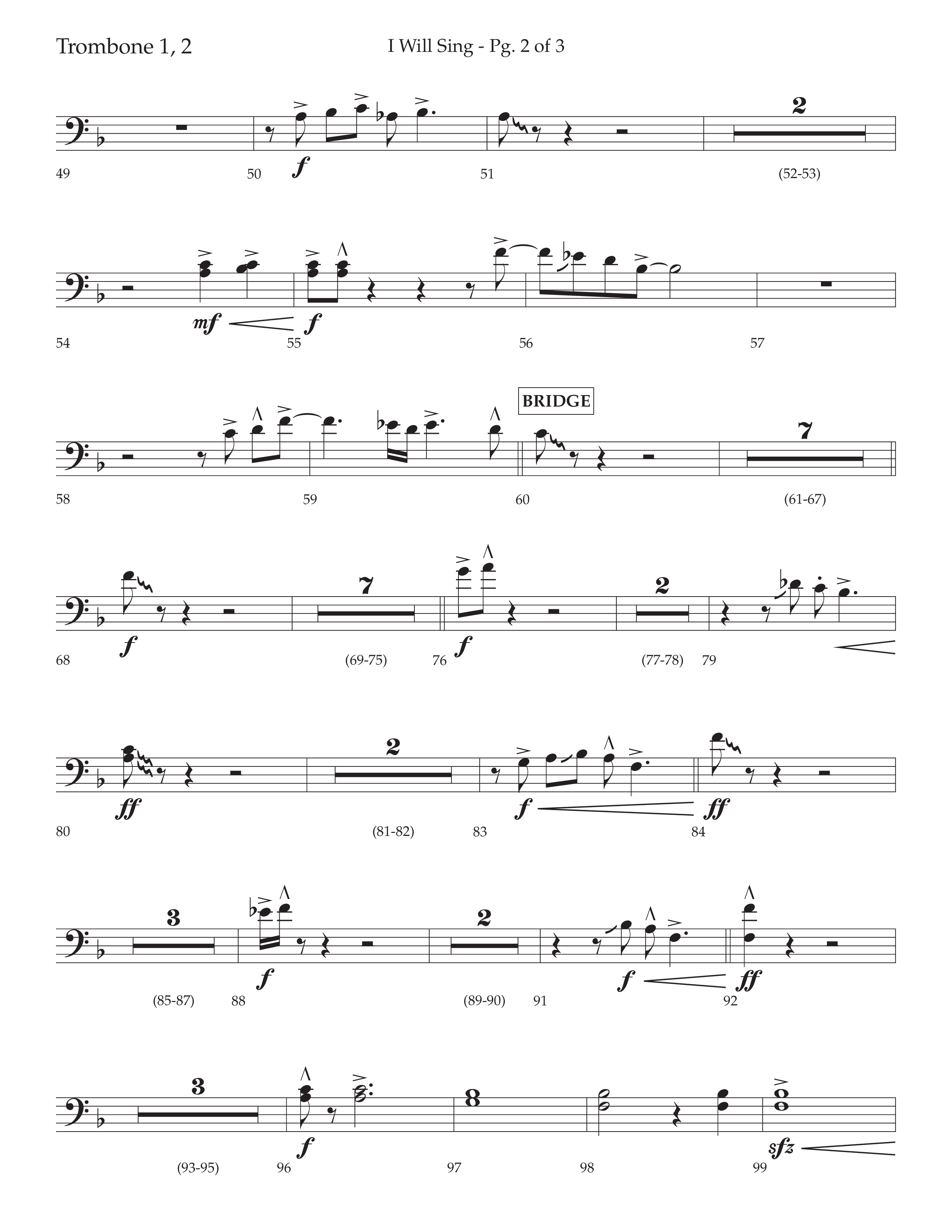 I Will Sing (Choral Anthem SATB) Trombone 1/2 (Arr. Cliff Duren / Lifeway Choral)