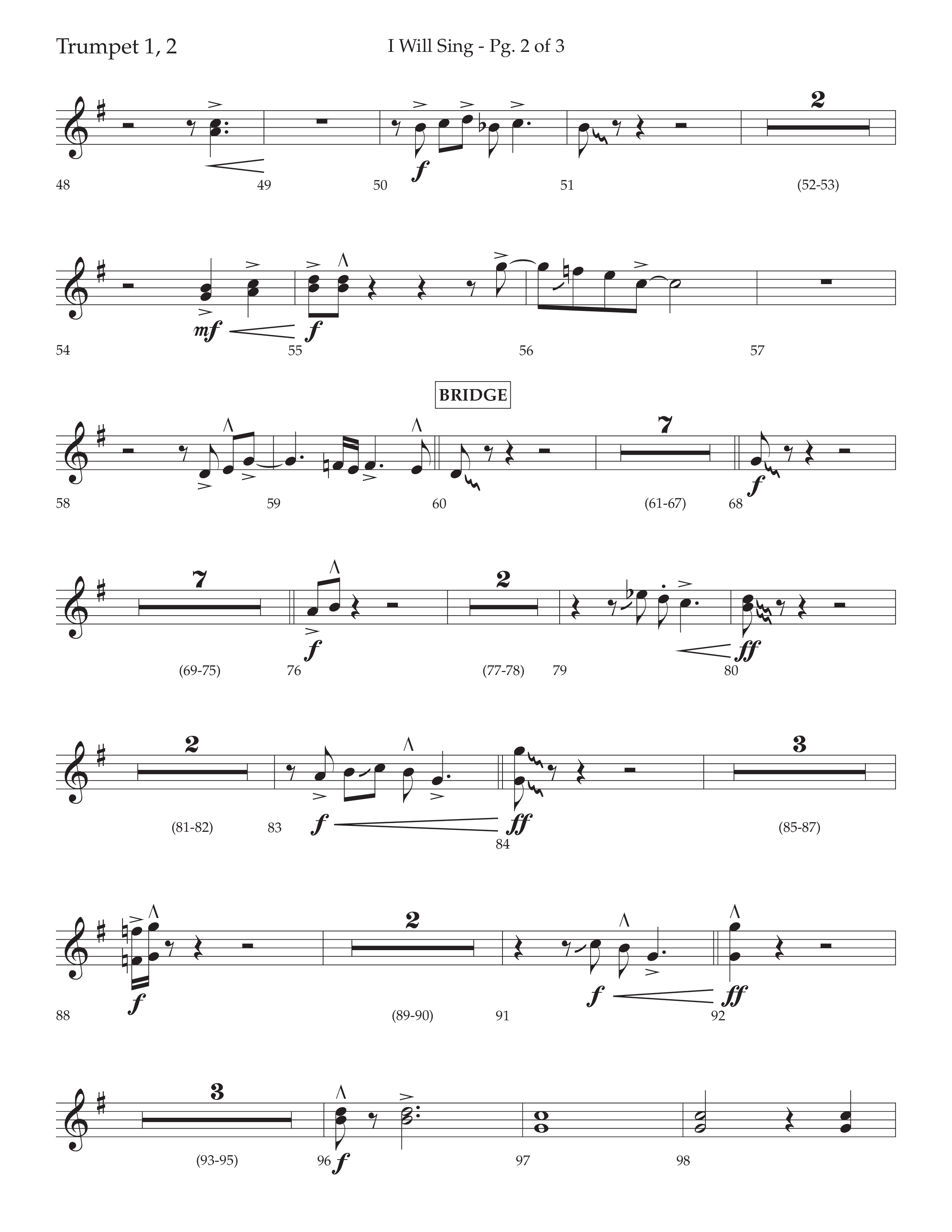I Will Sing (Choral Anthem SATB) Trumpet 1,2 (Arr. Cliff Duren / Lifeway Choral)