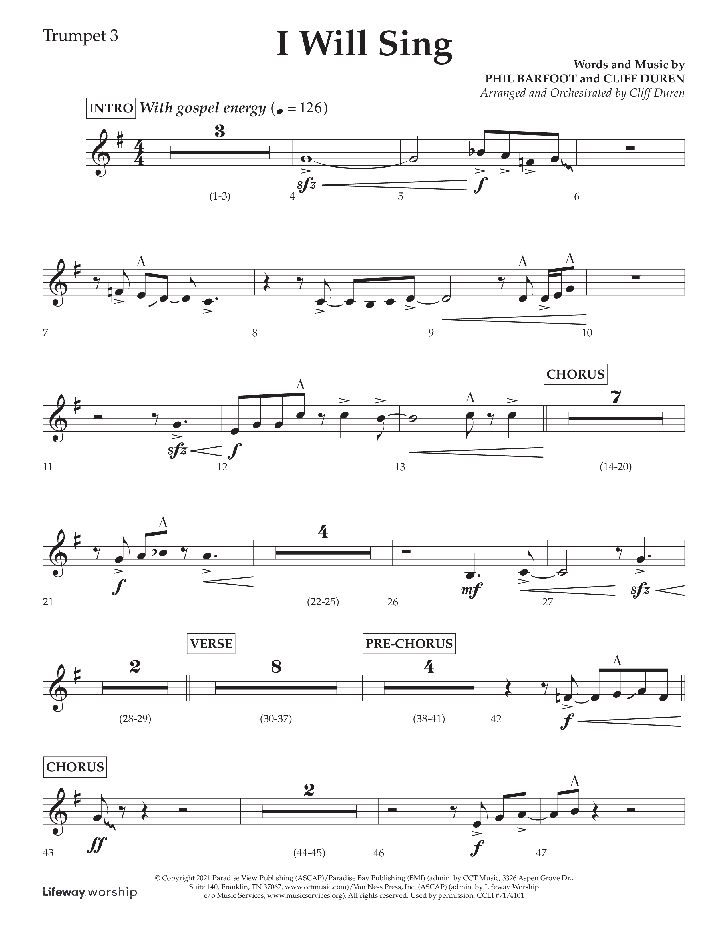 I Will Sing (Choral Anthem SATB) Trumpet 3 (Arr. Cliff Duren / Lifeway Choral)