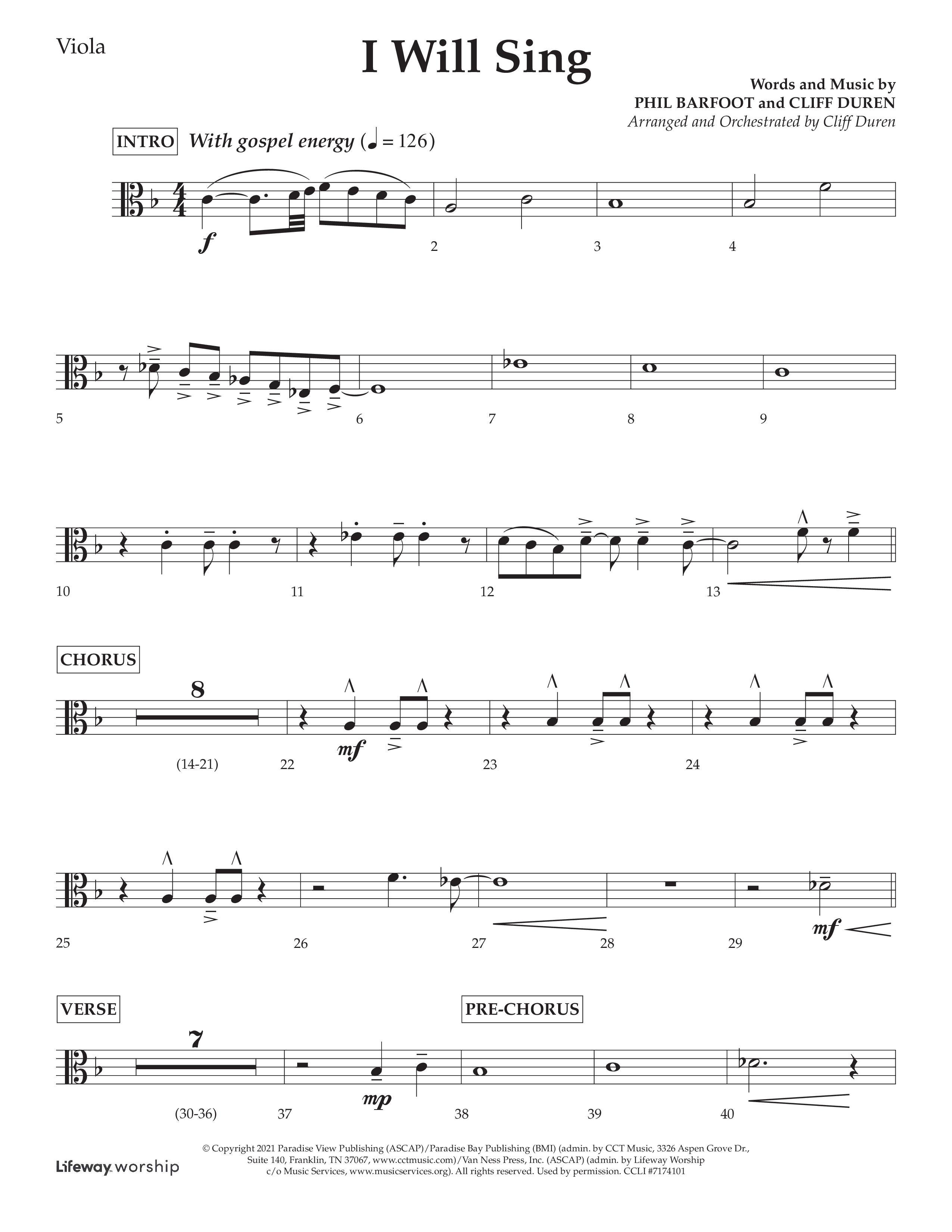 I Will Sing (Choral Anthem SATB) Viola (Arr. Cliff Duren / Lifeway Choral)