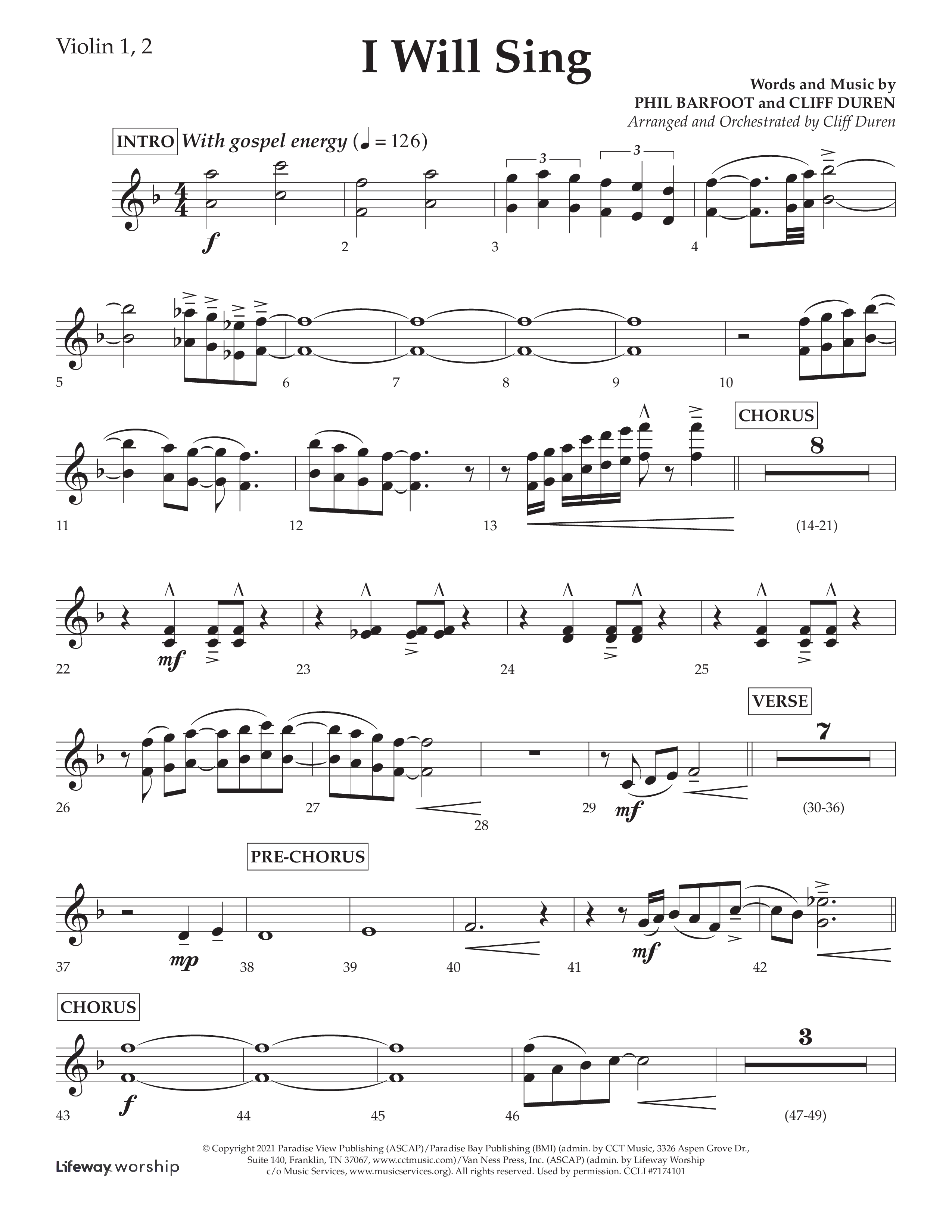 I Will Sing (Choral Anthem SATB) Violin 1/2 (Arr. Cliff Duren / Lifeway Choral)