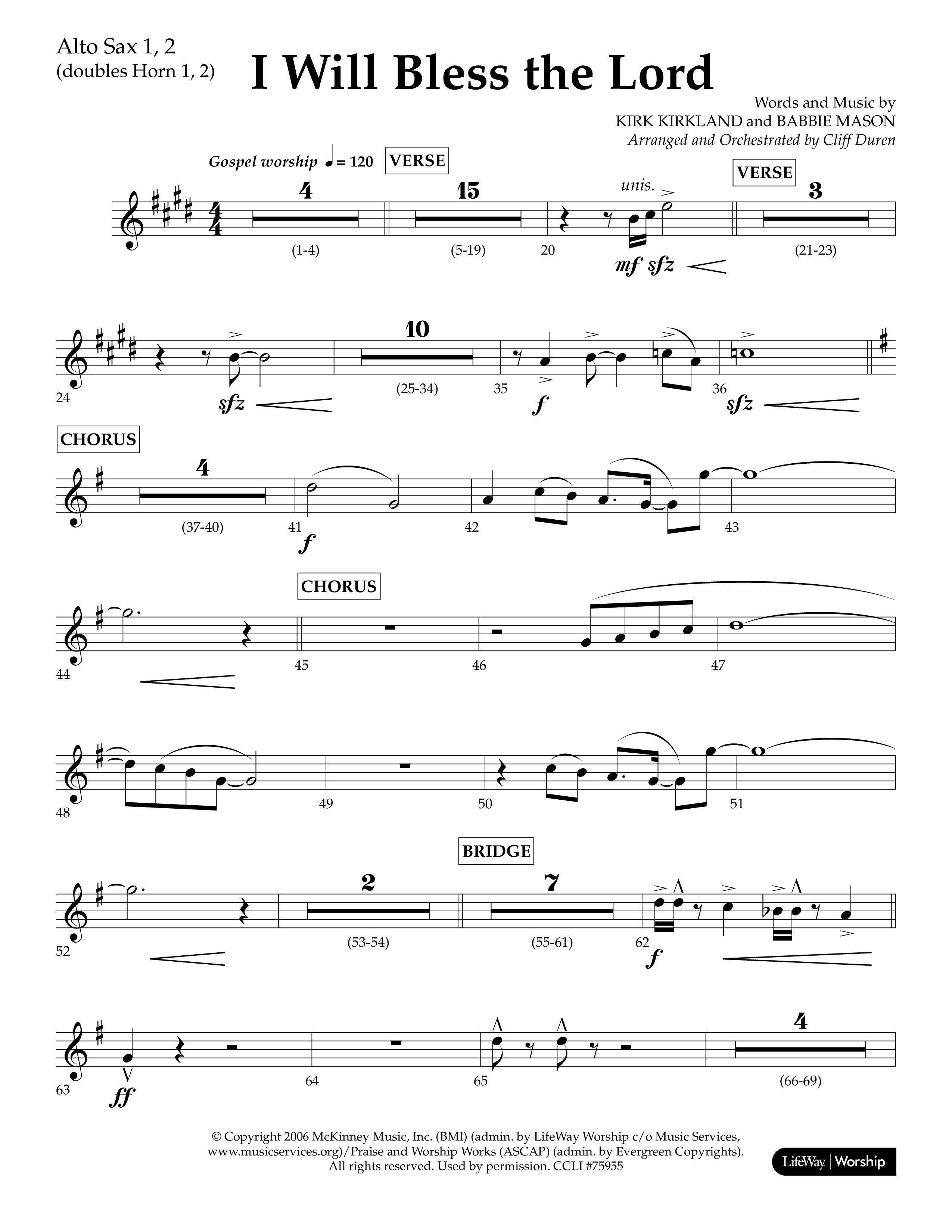 I Will Bless The Lord (Choral Anthem SATB) Alto Sax 1/2 (Lifeway Worship / Arr. Cliff Duren)