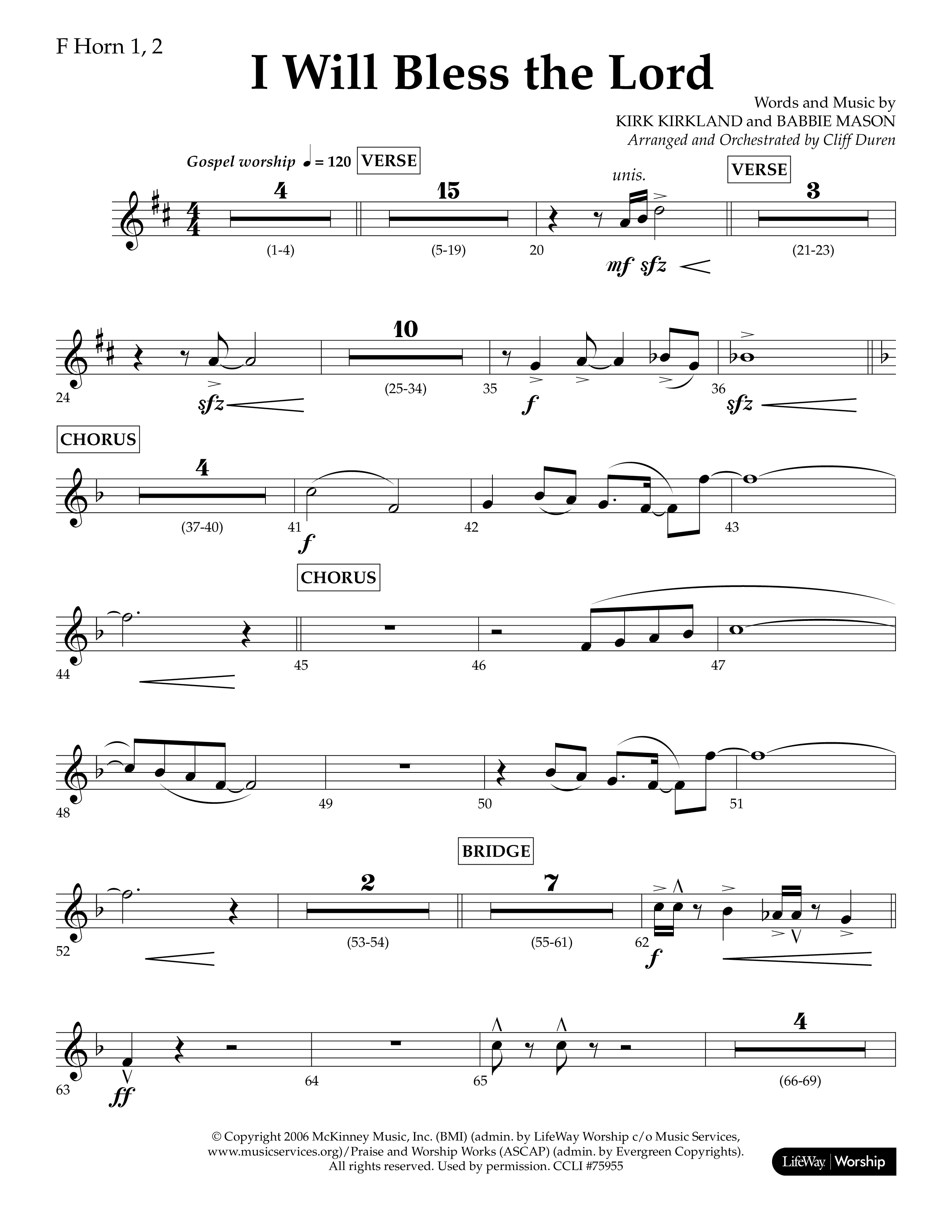 I Will Bless The Lord (Choral Anthem SATB) French Horn 1/2 (Lifeway Worship / Arr. Cliff Duren)