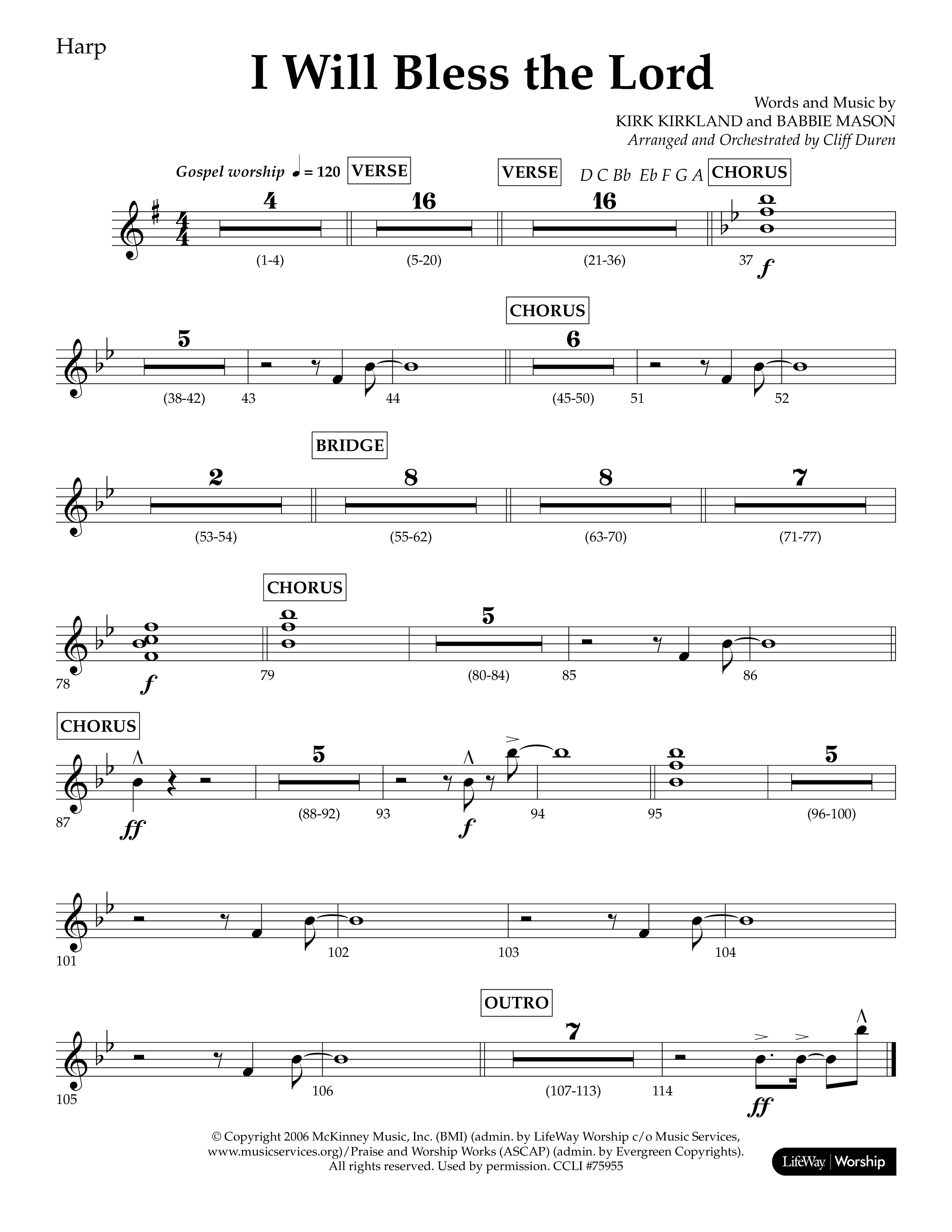 I Will Bless The Lord (Choral Anthem SATB) Harp (Lifeway Worship / Arr. Cliff Duren)