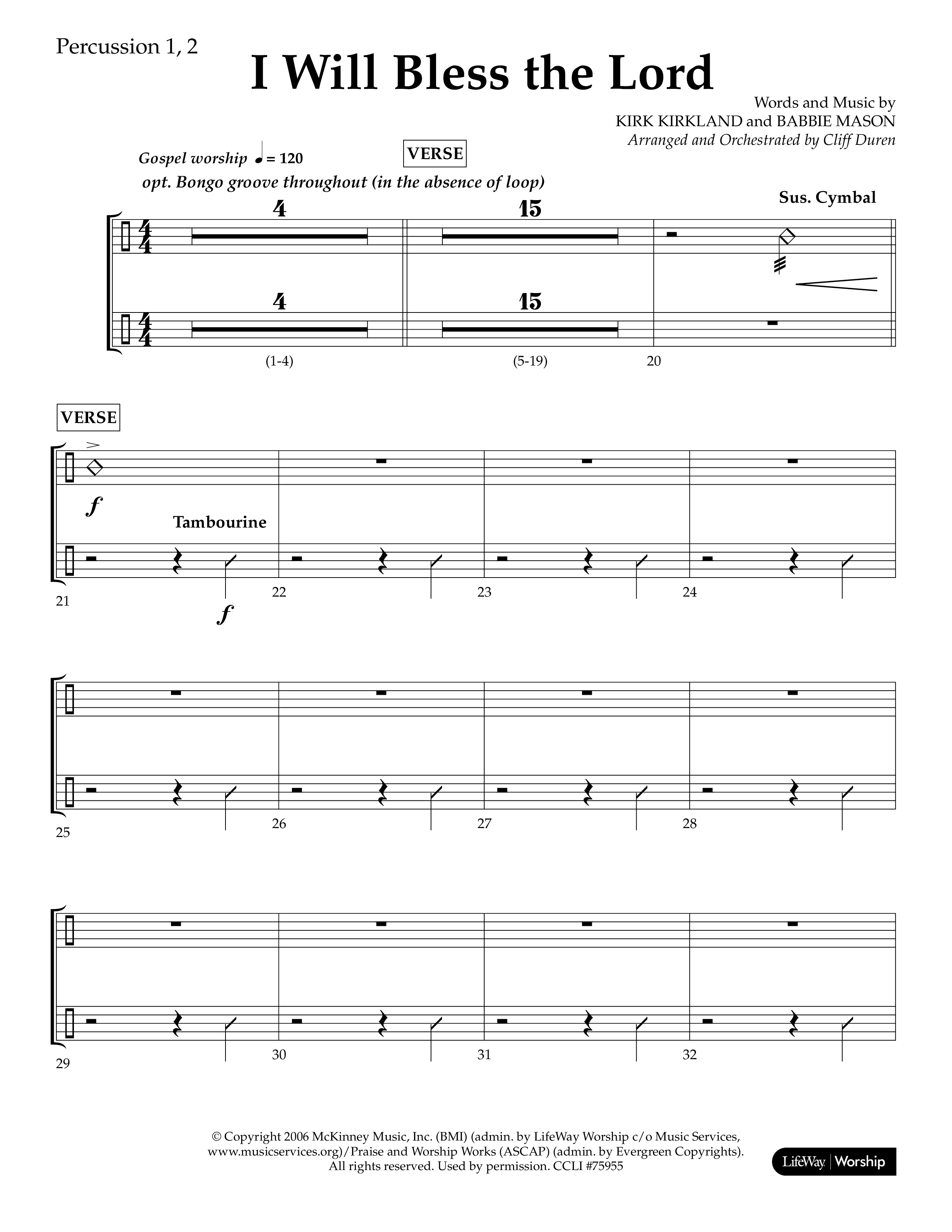 I Will Bless The Lord (Choral Anthem SATB) Percussion 1/2 (Lifeway Worship / Arr. Cliff Duren)