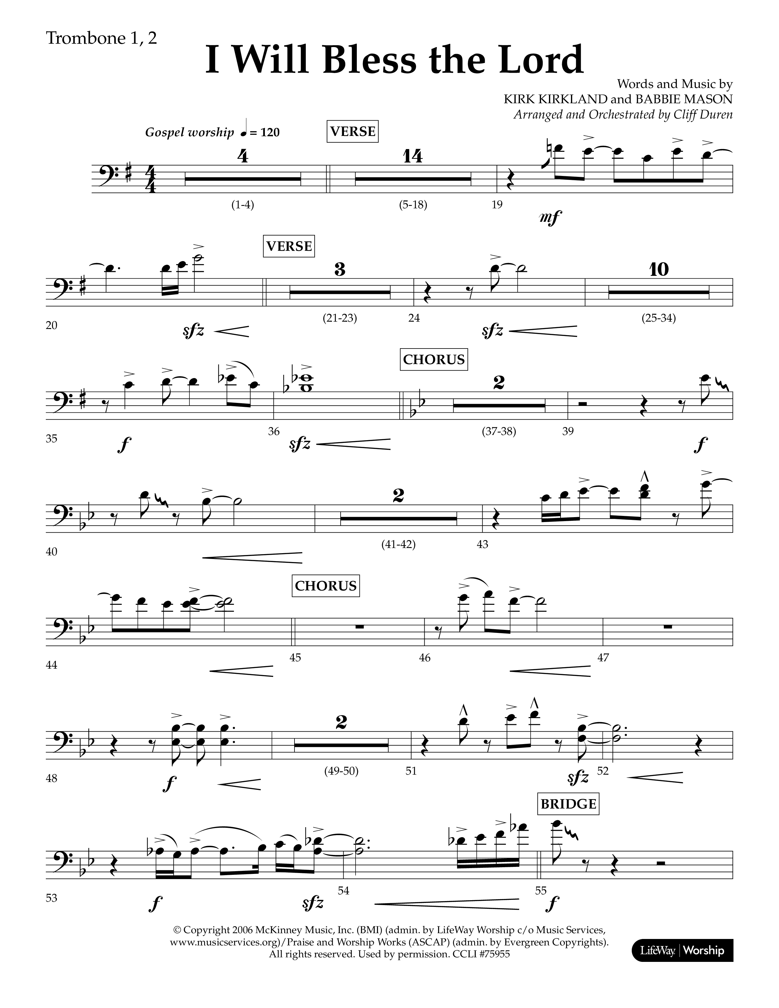 I Will Bless The Lord (Choral Anthem SATB) Trombone 1/2 (Lifeway Worship / Arr. Cliff Duren)