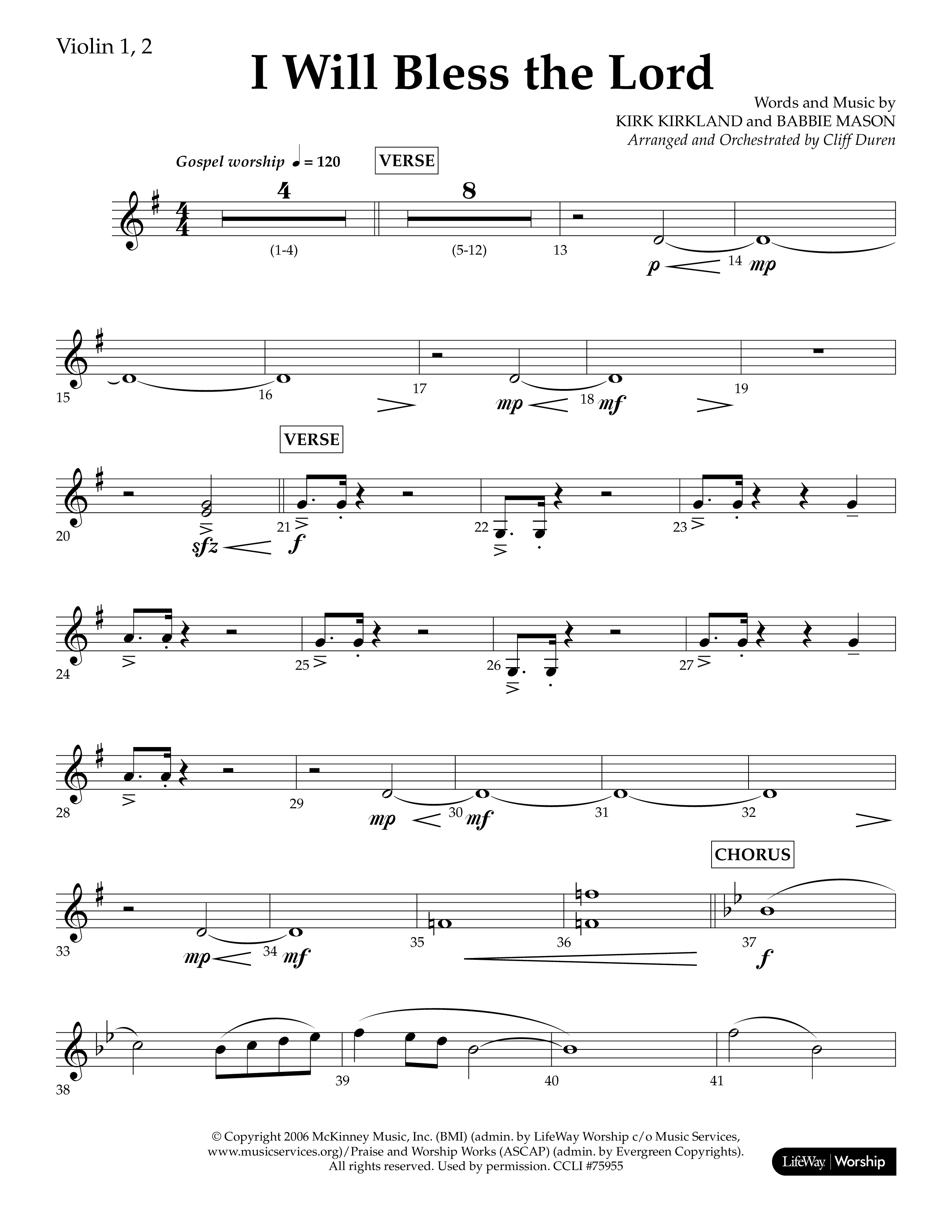 I Will Bless The Lord (Choral Anthem SATB) Violin 1/2 (Lifeway Worship / Arr. Cliff Duren)