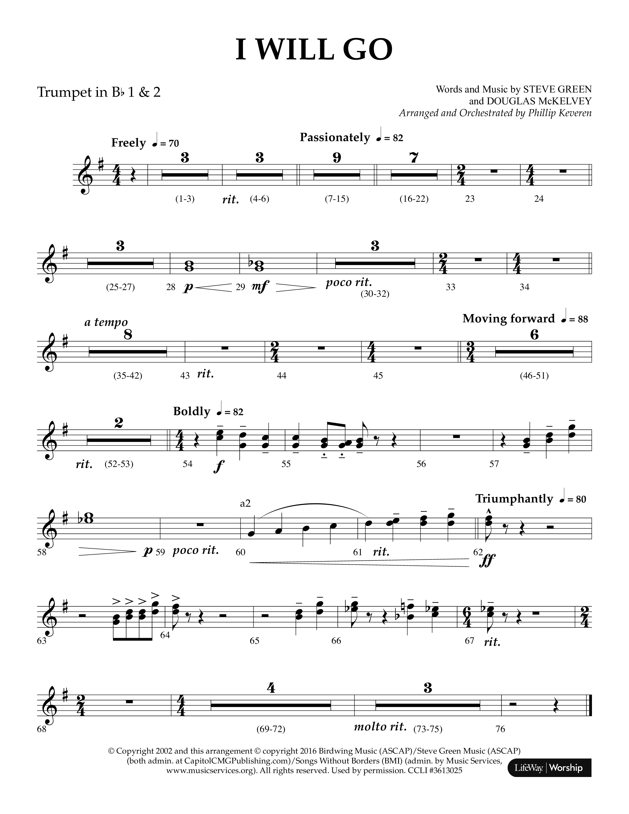 i Will Go (Choral Anthem SATB) Trumpet 1,2 (Lifeway Choral / Arr. Phillip Keveren)
