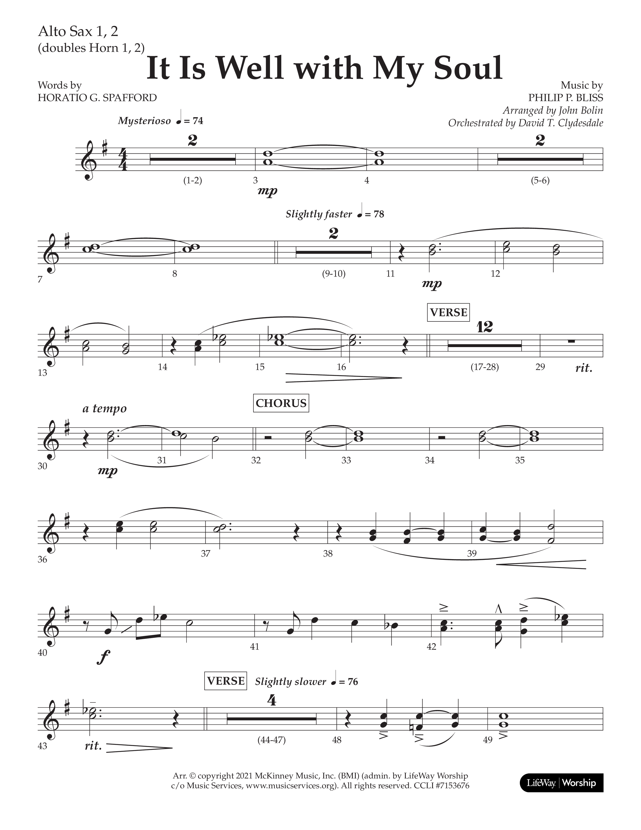 It Is Well With My Soul (Choral Anthem SATB) Alto Sax 1/2 (Lifeway Choral / Arr. John Bolin / Orch. David Clydesdale)