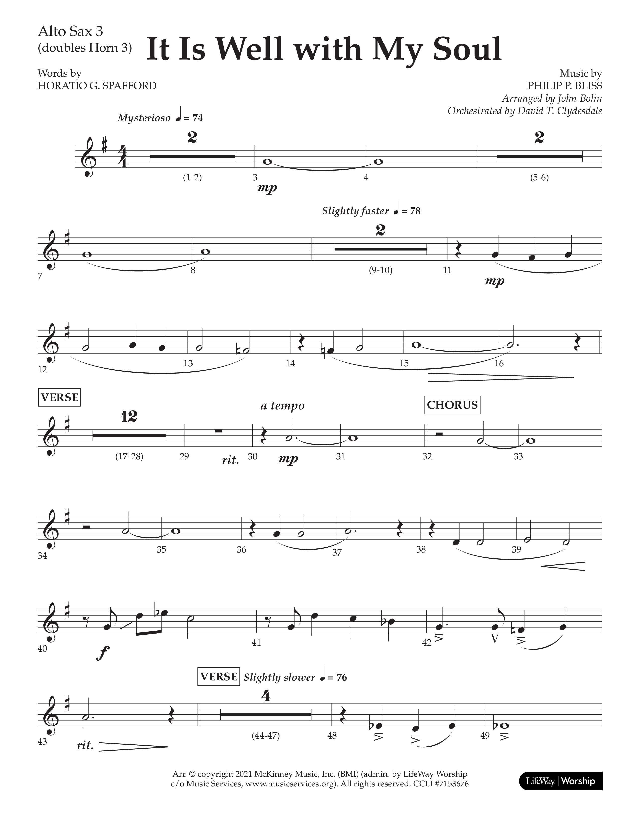 It Is Well With My Soul (Choral Anthem SATB) Alto Sax (Lifeway Choral / Arr. John Bolin / Orch. David Clydesdale)