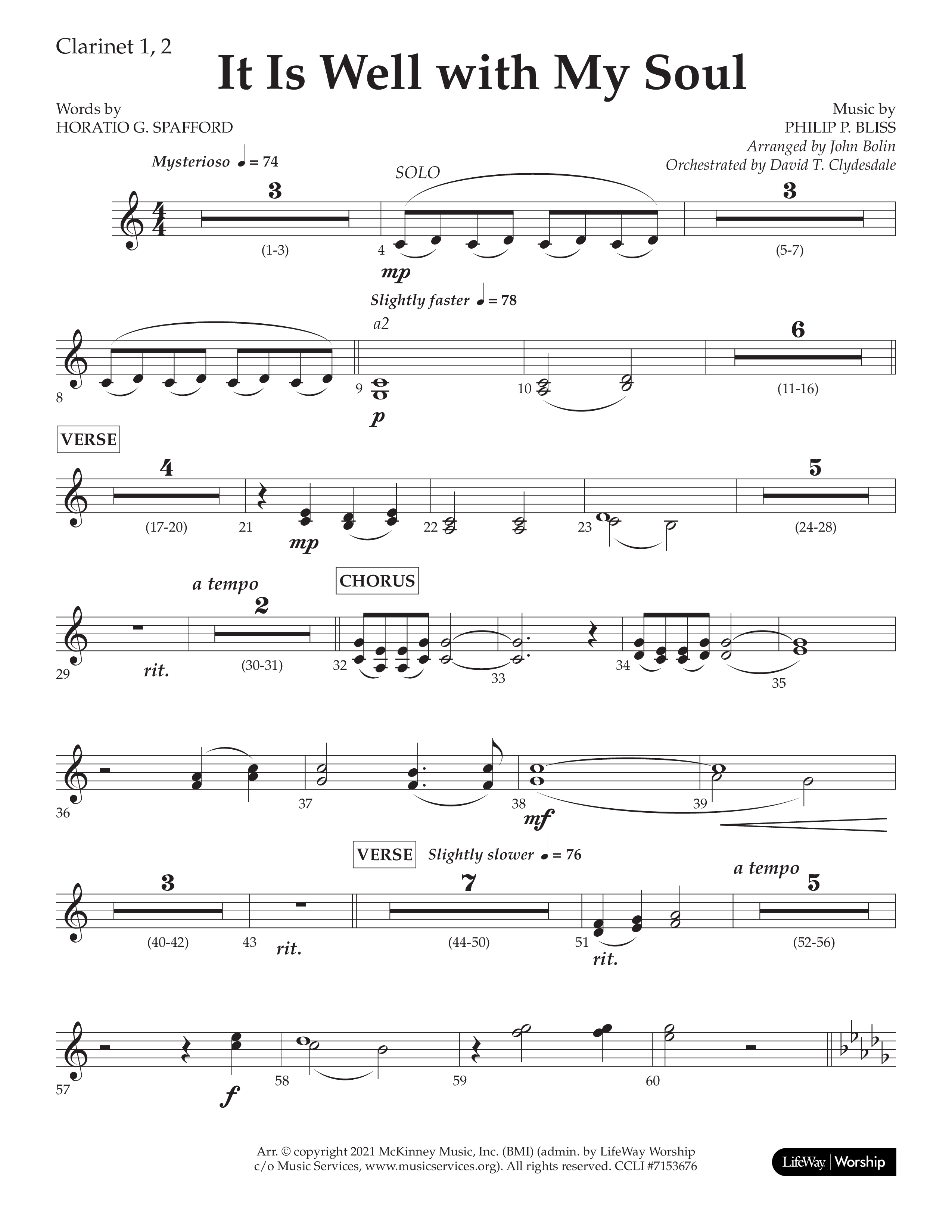 It Is Well With My Soul (Choral Anthem SATB) Clarinet 1/2 (Lifeway Choral / Arr. John Bolin / Orch. David Clydesdale)