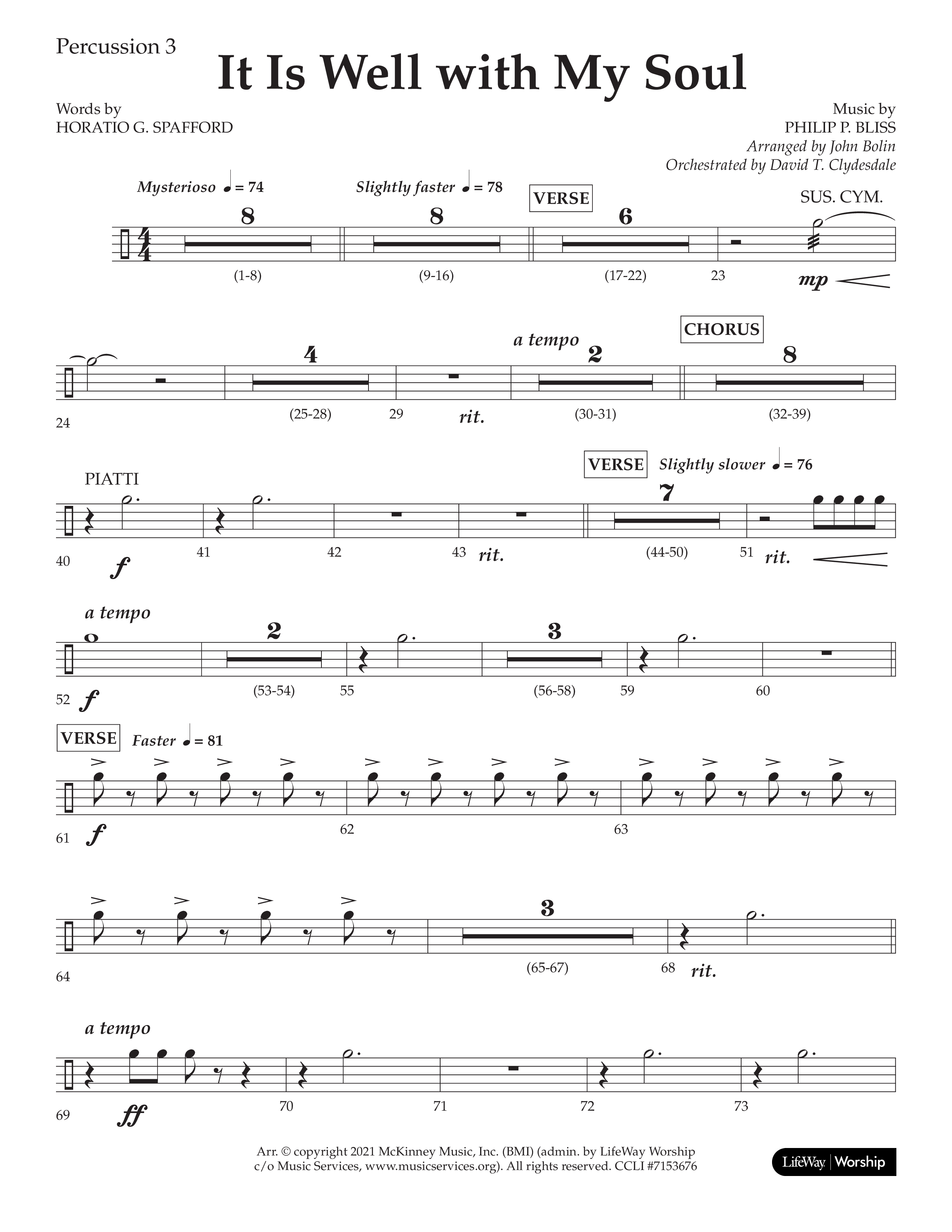 It Is Well With My Soul (Choral Anthem SATB) Percussion (Lifeway Choral / Arr. John Bolin / Orch. David Clydesdale)