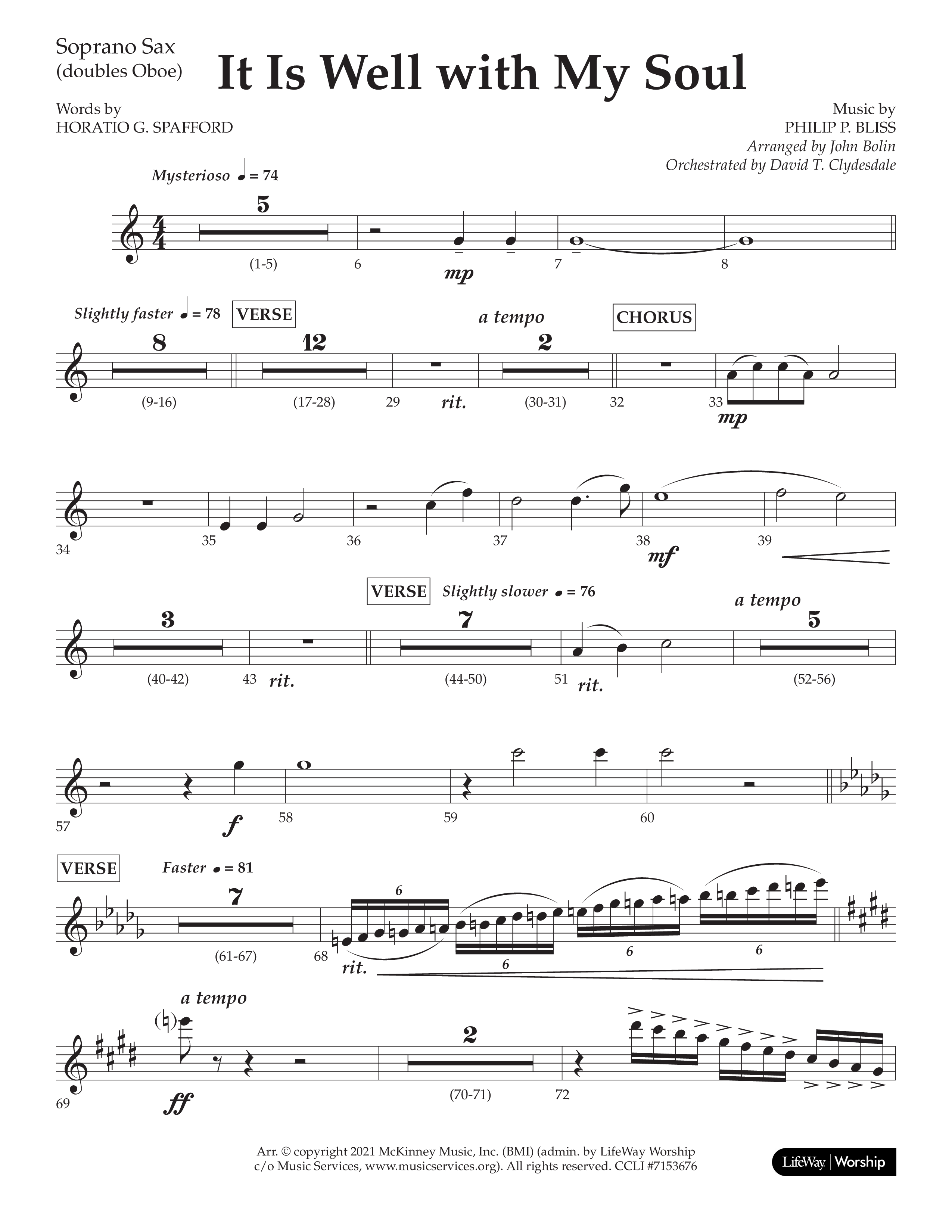 It Is Well With My Soul (Choral Anthem SATB) Soprano Sax (Lifeway Choral / Arr. John Bolin / Orch. David Clydesdale)