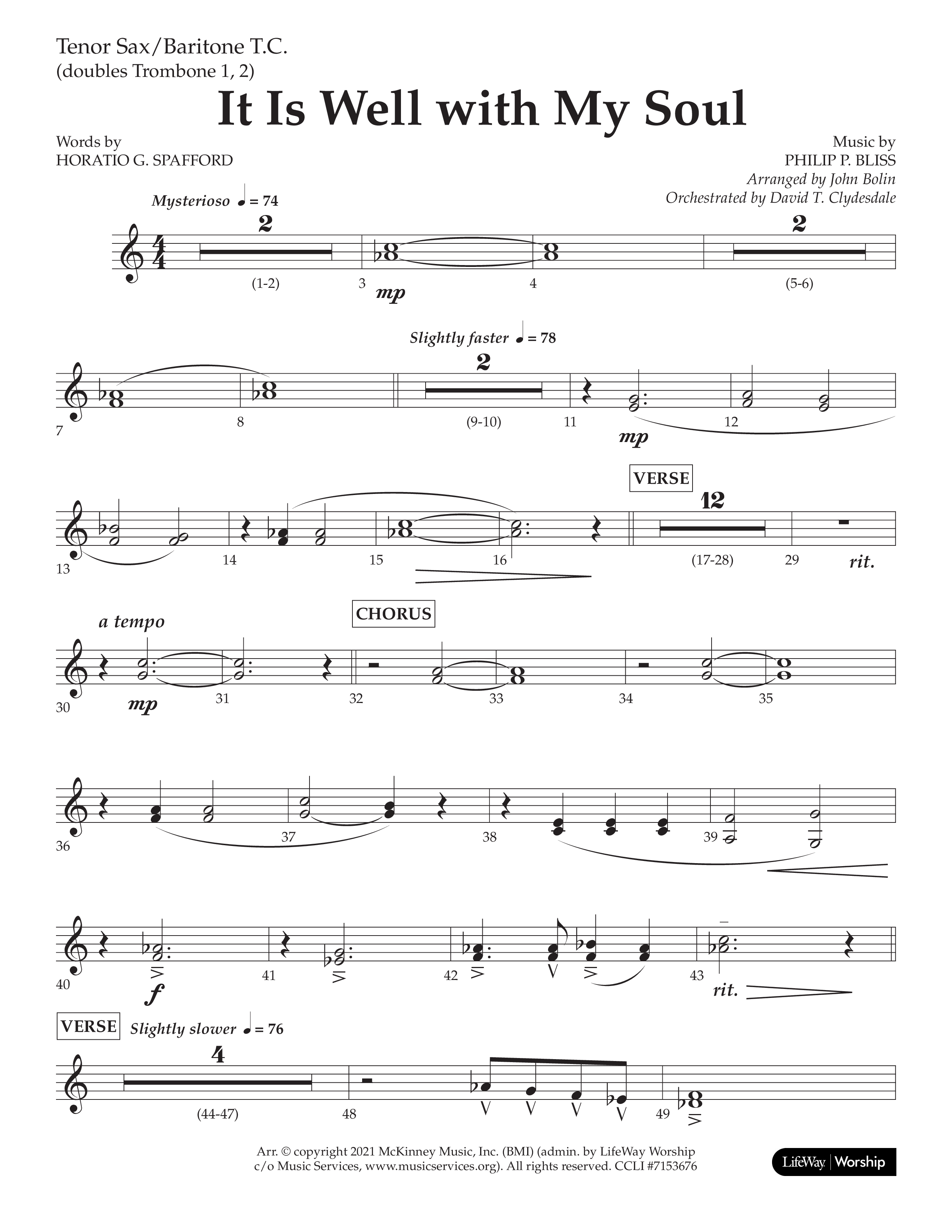 It Is Well With My Soul (Choral Anthem SATB) Tenor Sax/Baritone T.C. (Lifeway Choral / Arr. John Bolin / Orch. David Clydesdale)