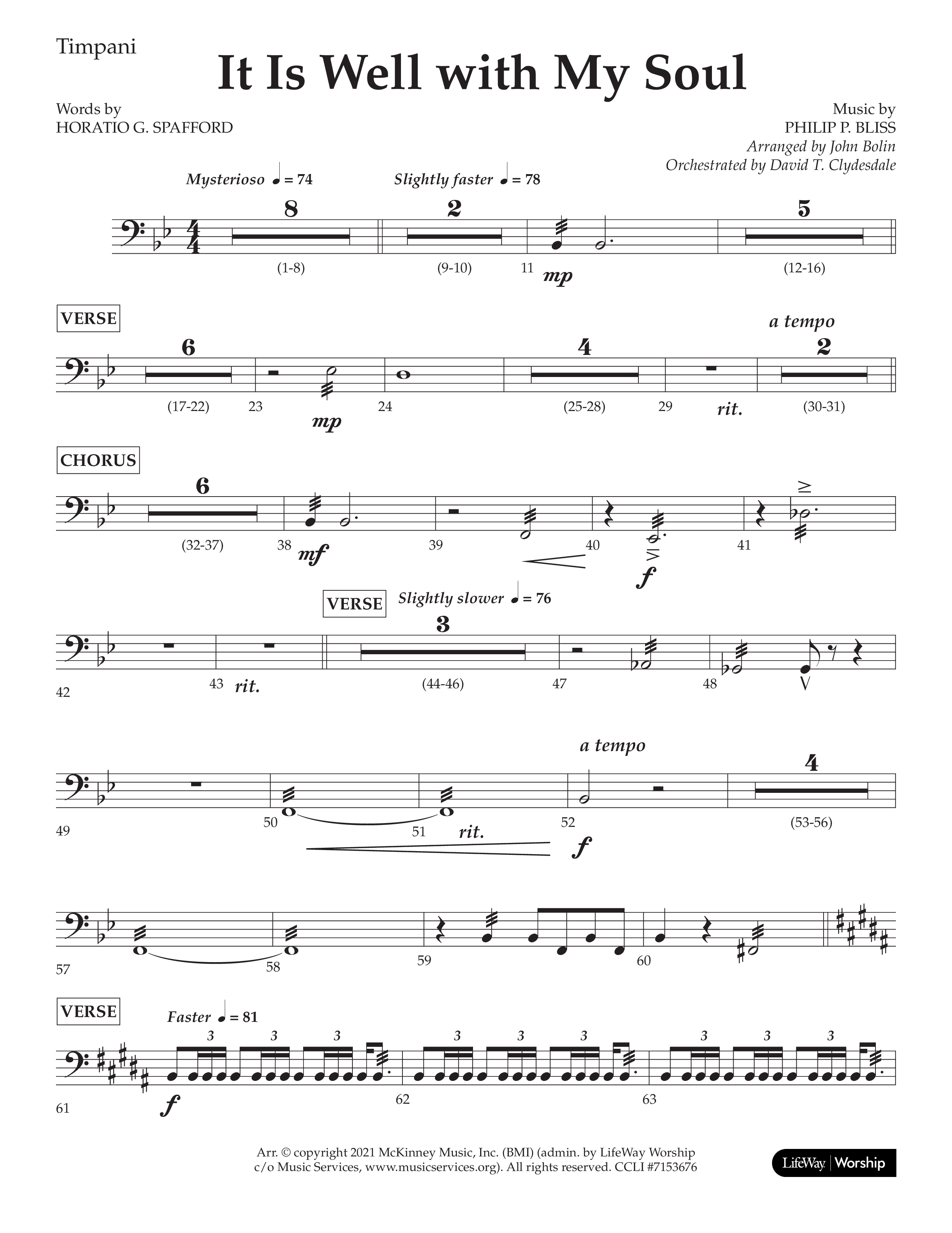 It Is Well With My Soul (Choral Anthem SATB) Timpani (Lifeway Choral / Arr. John Bolin / Orch. David Clydesdale)