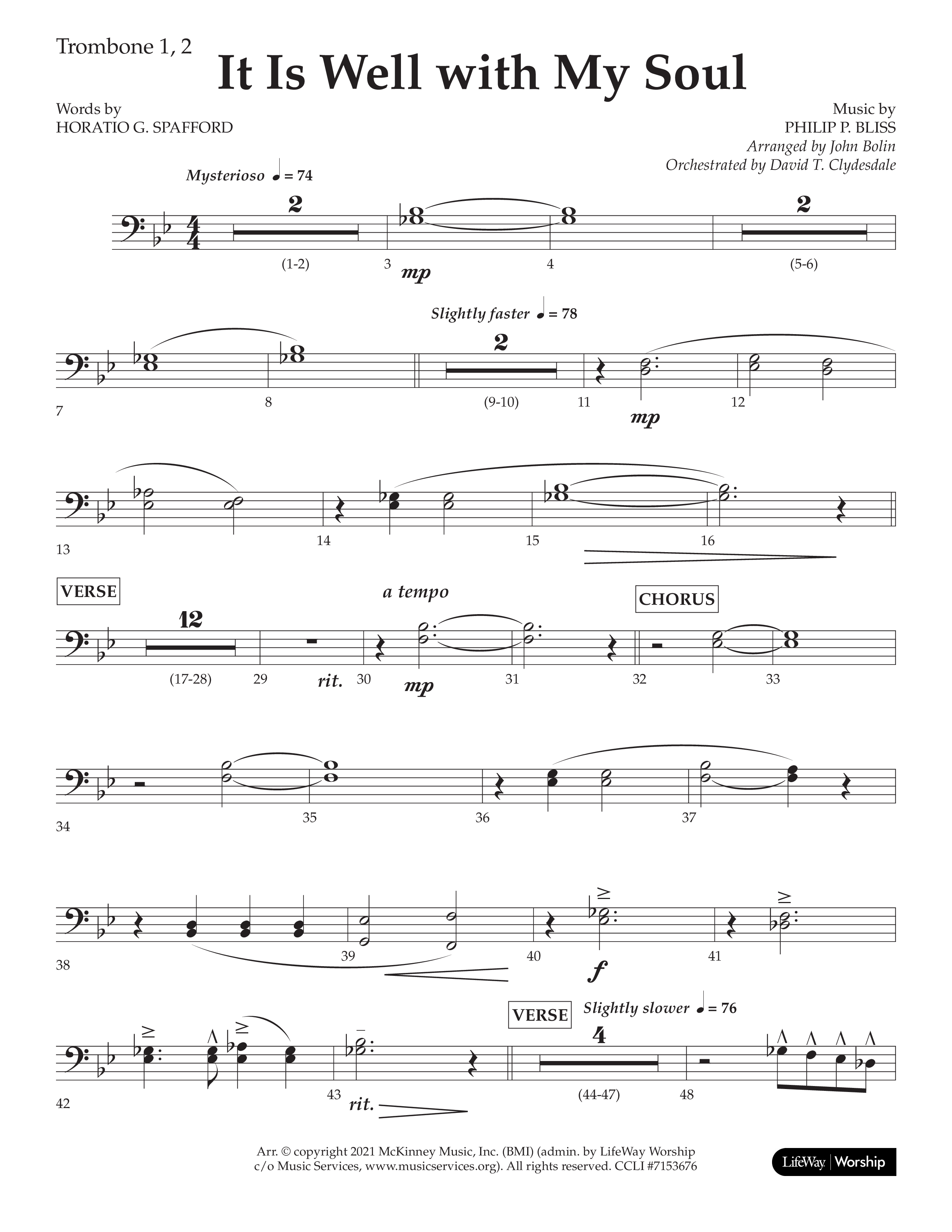 It Is Well With My Soul (Choral Anthem SATB) Trombone 1/2 (Lifeway Choral / Arr. John Bolin / Orch. David Clydesdale)