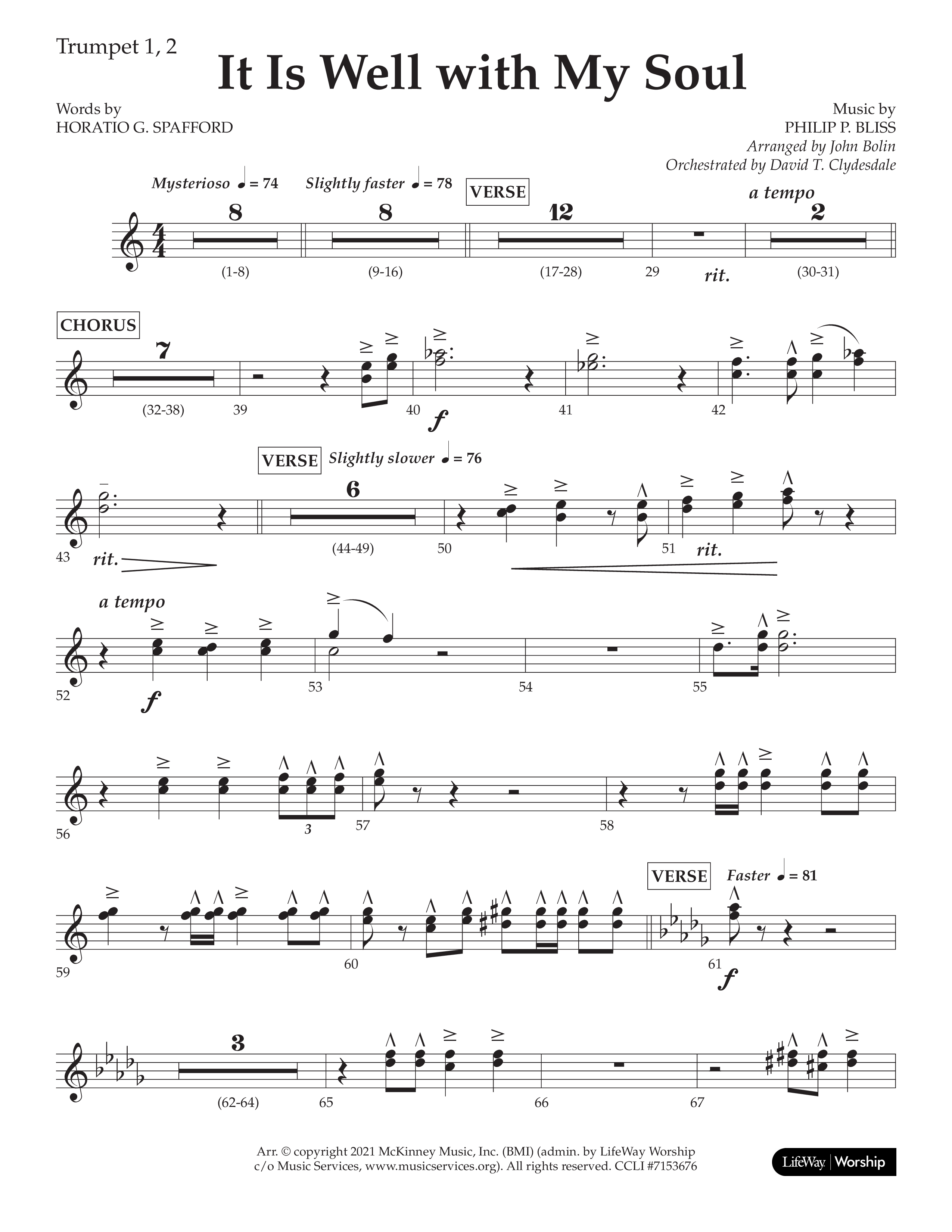 It Is Well With My Soul (Choral Anthem SATB) Trumpet 1,2 (Lifeway Choral / Arr. John Bolin / Orch. David Clydesdale)