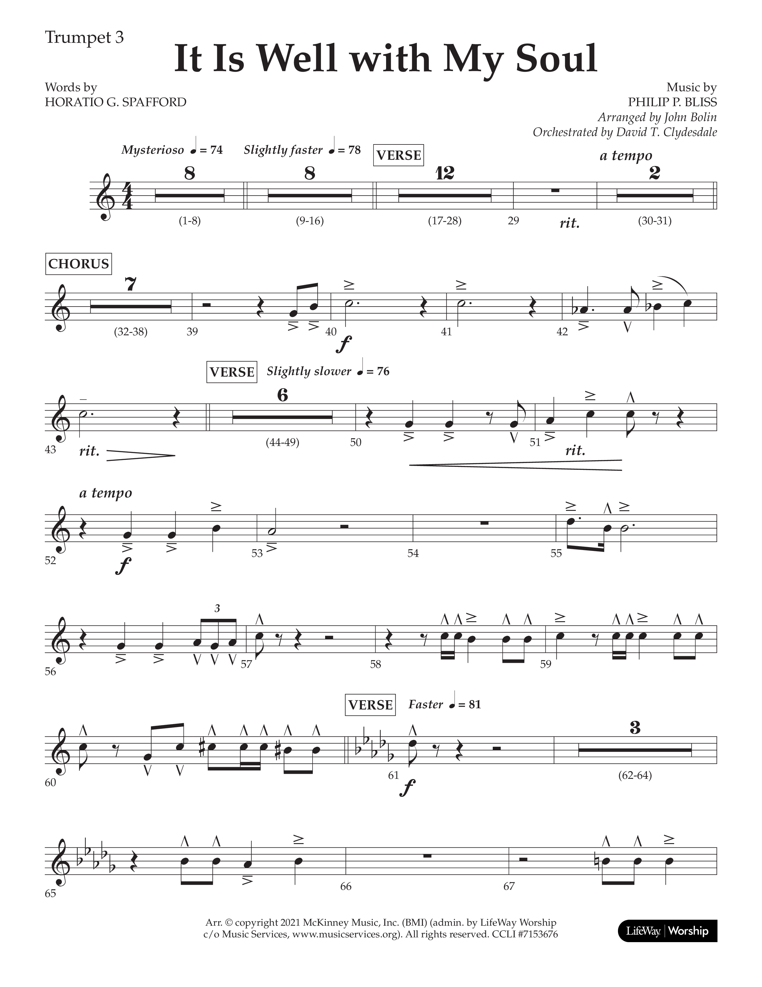 It Is Well With My Soul (Choral Anthem SATB) Trumpet 3 (Lifeway Choral / Arr. John Bolin / Orch. David Clydesdale)