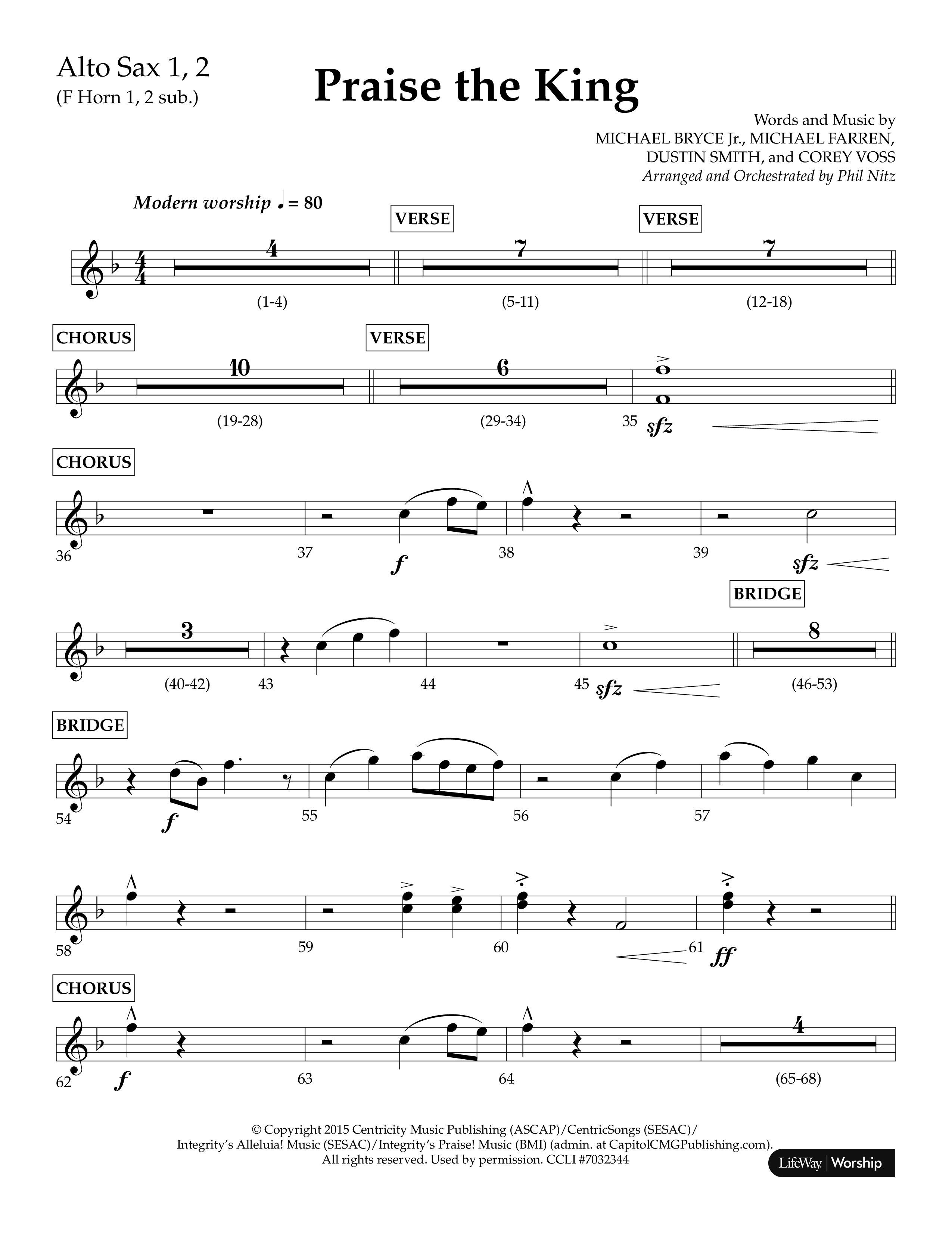 Praise The King (Choral Anthem SATB) Alto Sax 1/2 (Lifeway Choral / Arr. Phil Nitz)